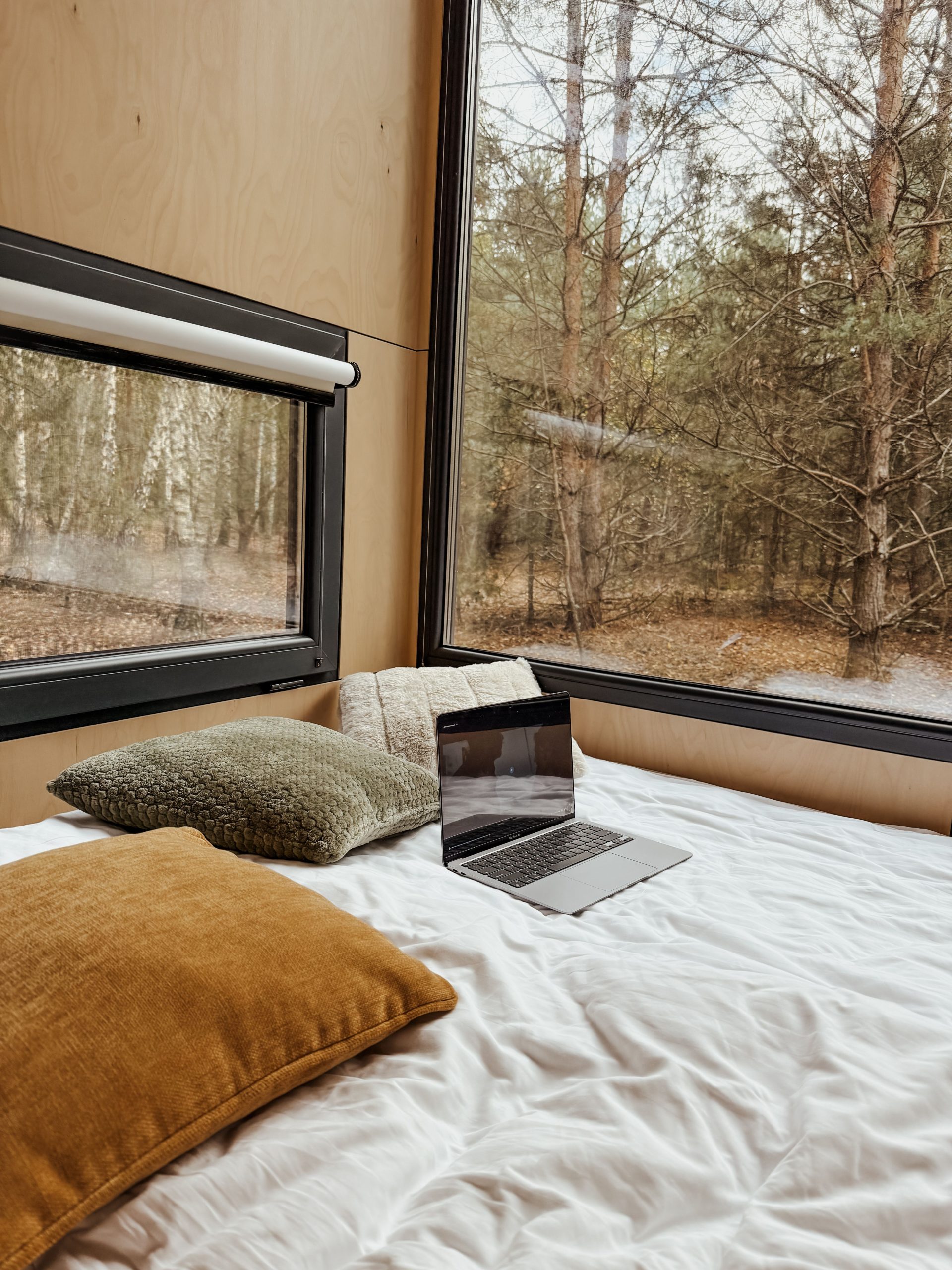 Comfortable bed with laptop and pillows beside large windows offering a serene forest view.