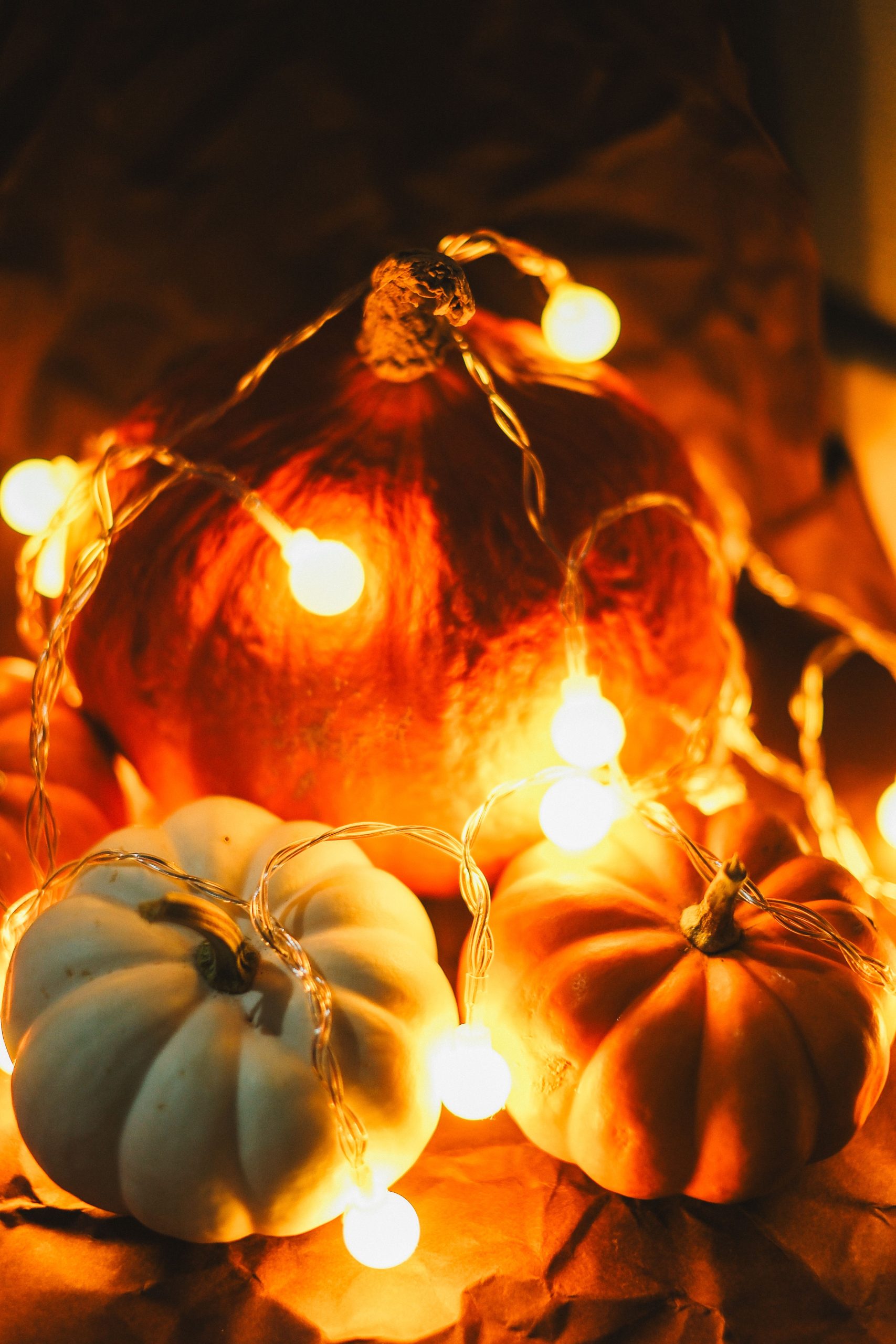 Cozy setting with pumpkins adorned by warm glowing fairy lights, perfect for autumn and Halloween ambiance.