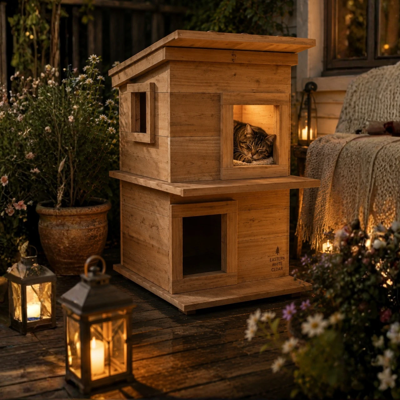Custom Cedar Outdoor Cat Condo Outdoor Cedar Cat House — Double Deck Wooden Shelter For Cats