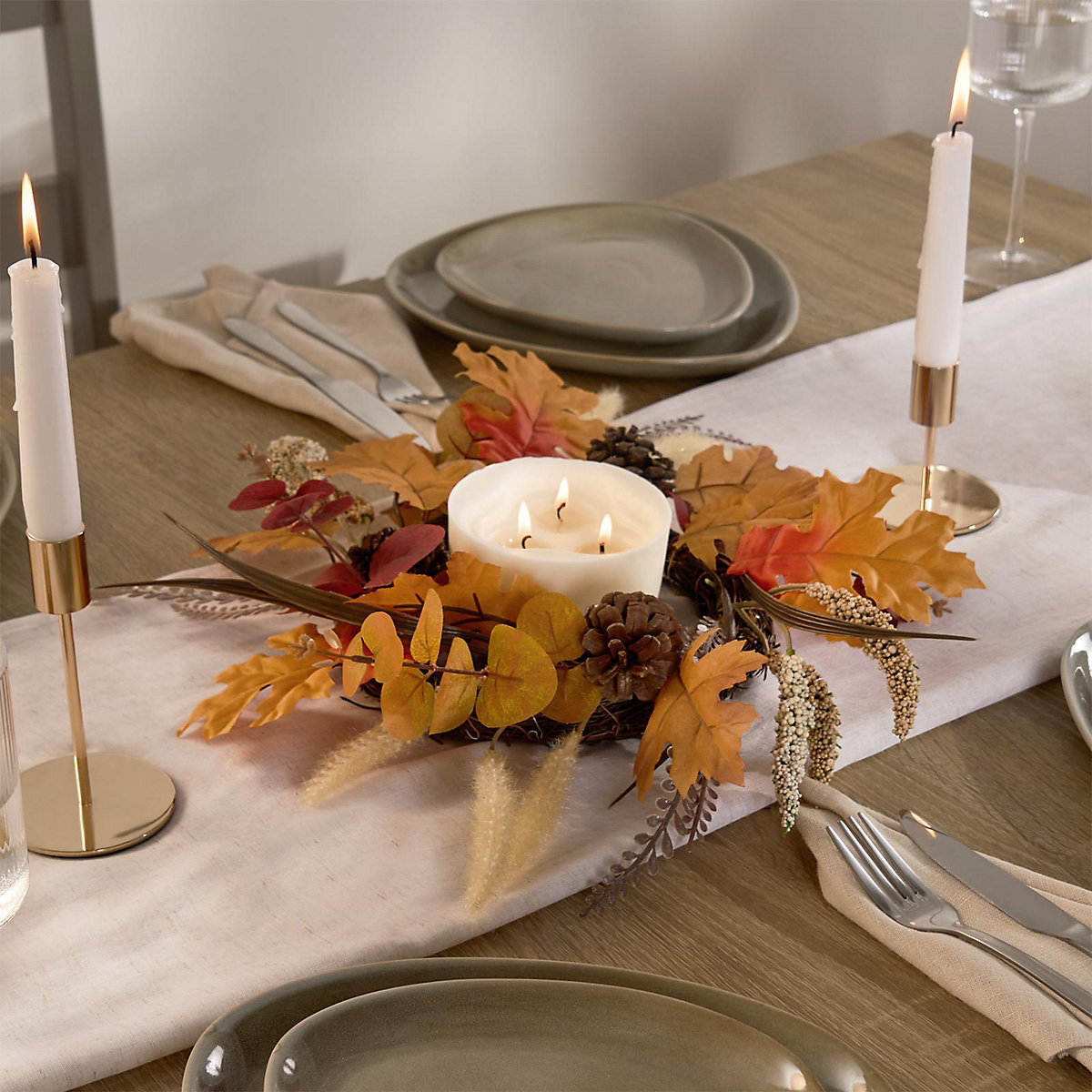 Decorative Candle Holder Rustic Brown Fall with Leaves Candles Tray