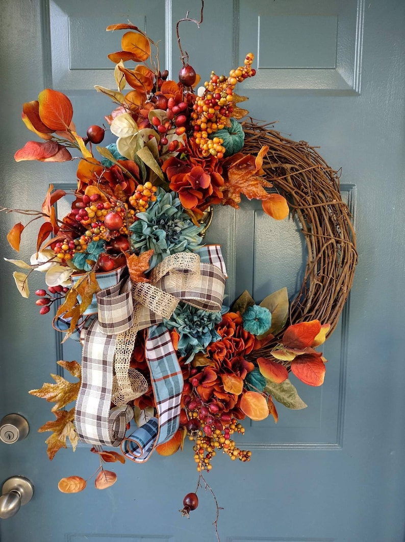 Elegant Fall Wreaths For Front Door, Autumn Wreath With Turquoise Dahlias, Teal Pumpkins, Large Fall Wreaths With Free Shipping