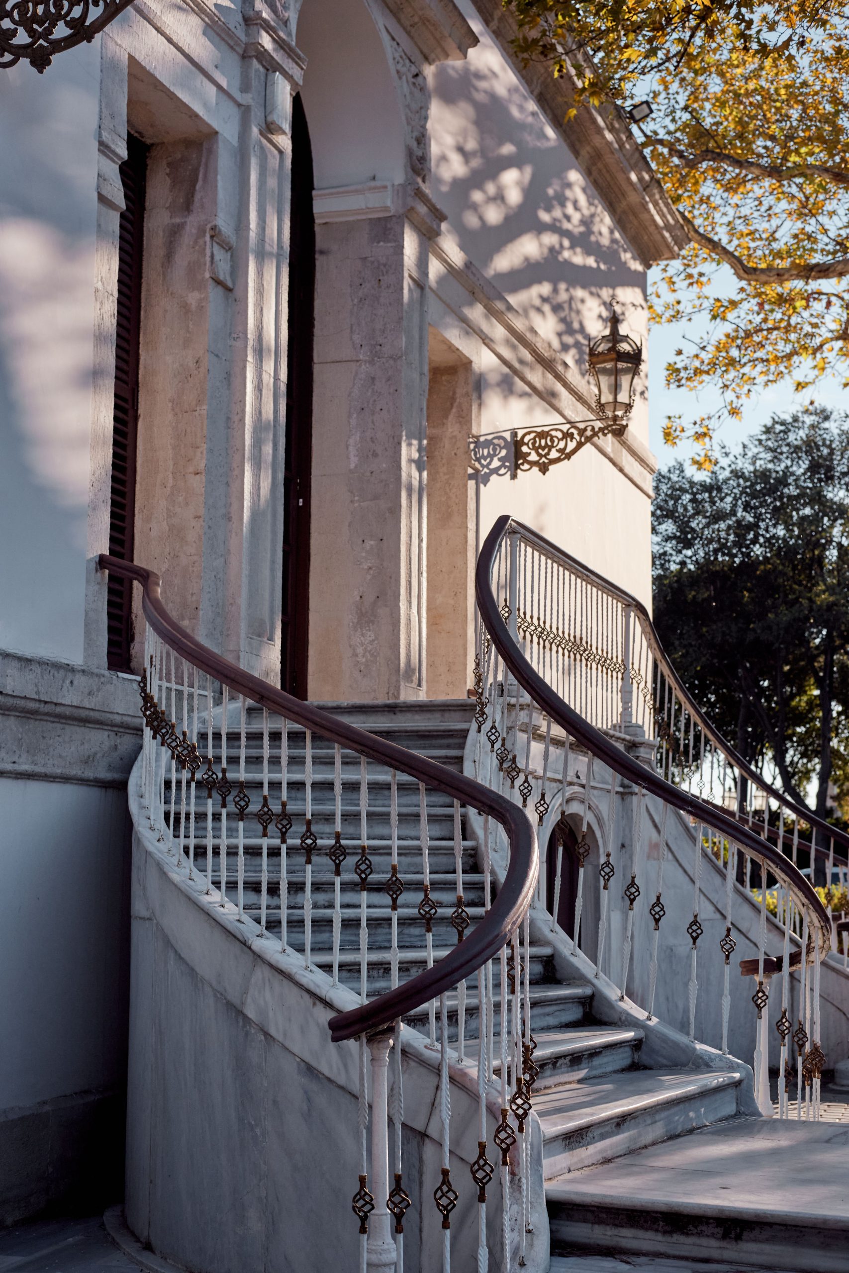 Elegant marble staircase with intricate railings leads to a historic building entrance, surrounded by trees.