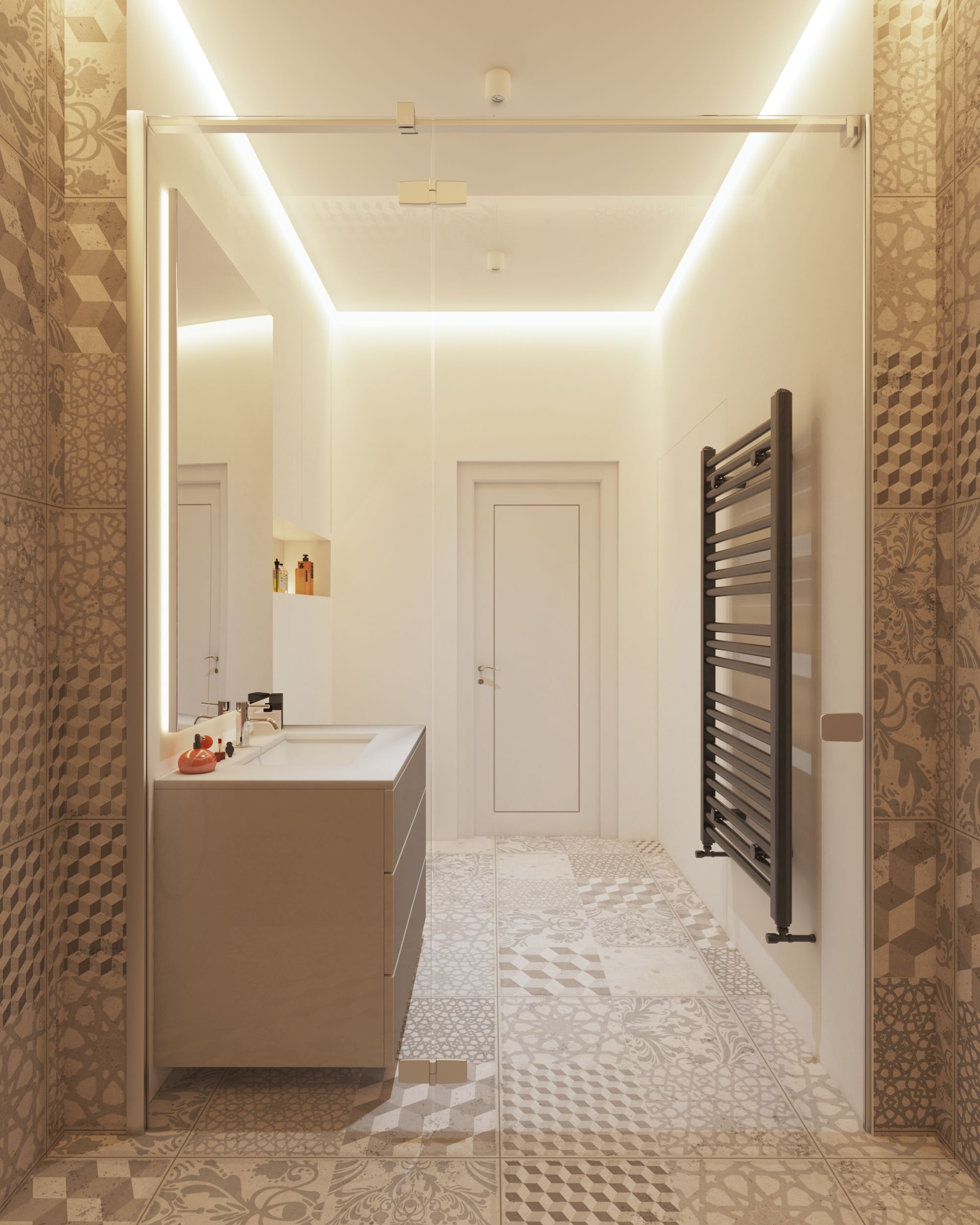 Elegant modern minimalist bathroom with geometric patterns and warm lighting.