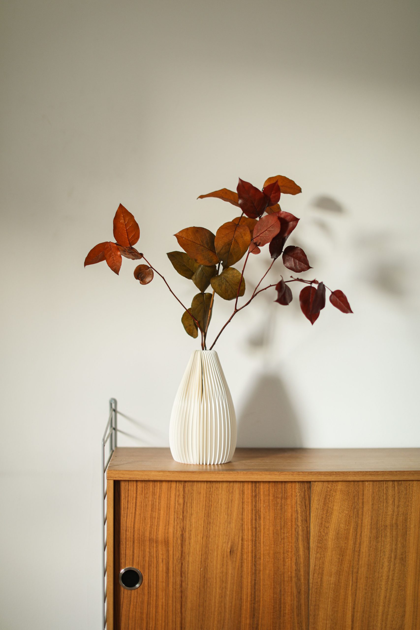 Elegant white vase with autumn leaves on a wooden cabinet, capturing minimalistic decor style.
