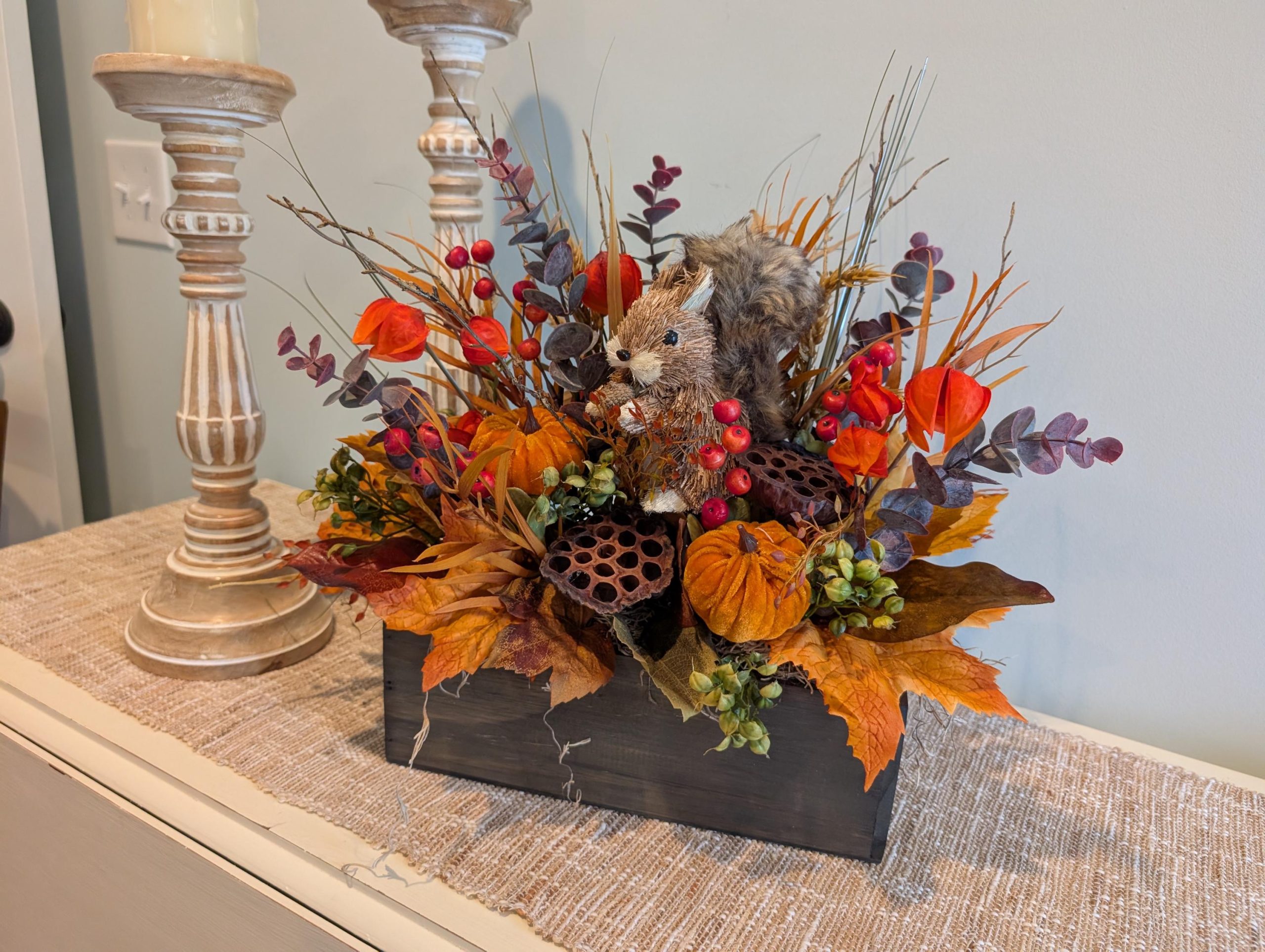 Fall Centerpiece, Squirrel Arrangement Dining Table, Mantle, Velvet Pumpkins, Autumn Leaf, Thanksgiving, Halloween 10*
