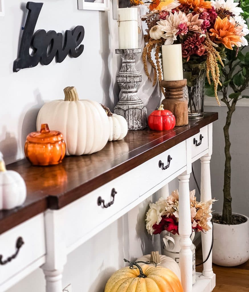 Fall Decor Ideas Farmhouse Console Decor Decorating A Fall Farmhouse Entryway With Neutral Faux Pumpkins