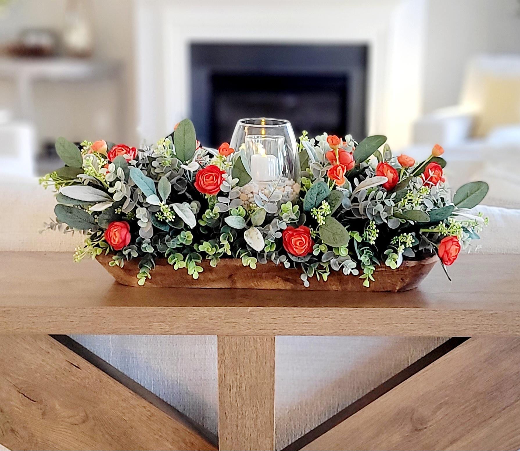 Fall Table Centerpiece – Artificial Ranunculus in Dough Bowl with Candle Holder Farmhouse