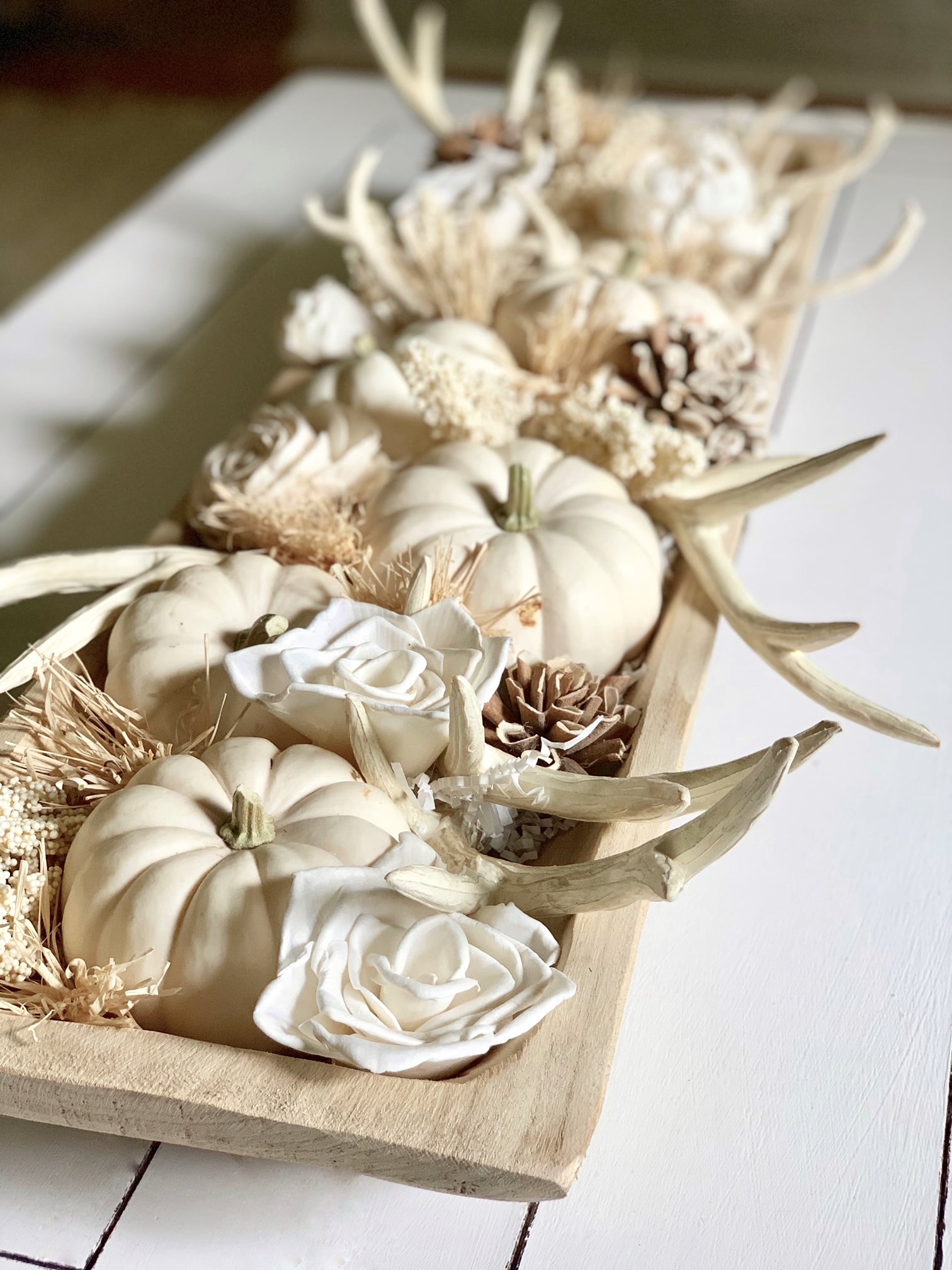 Farmhouse-Style Neutral Dough Bowl Design with Mini White Pumpkins - Celebrated Nest
