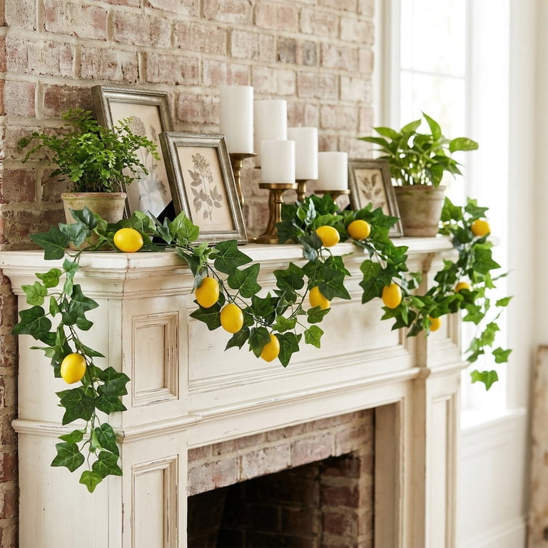 Floral Garland With Lemons Fireplace 1-3PC Artificial Lemon Garland Thin Spring Summer Garland Fruit Vine With Greenery For Wedding Party Wall Mantle ...