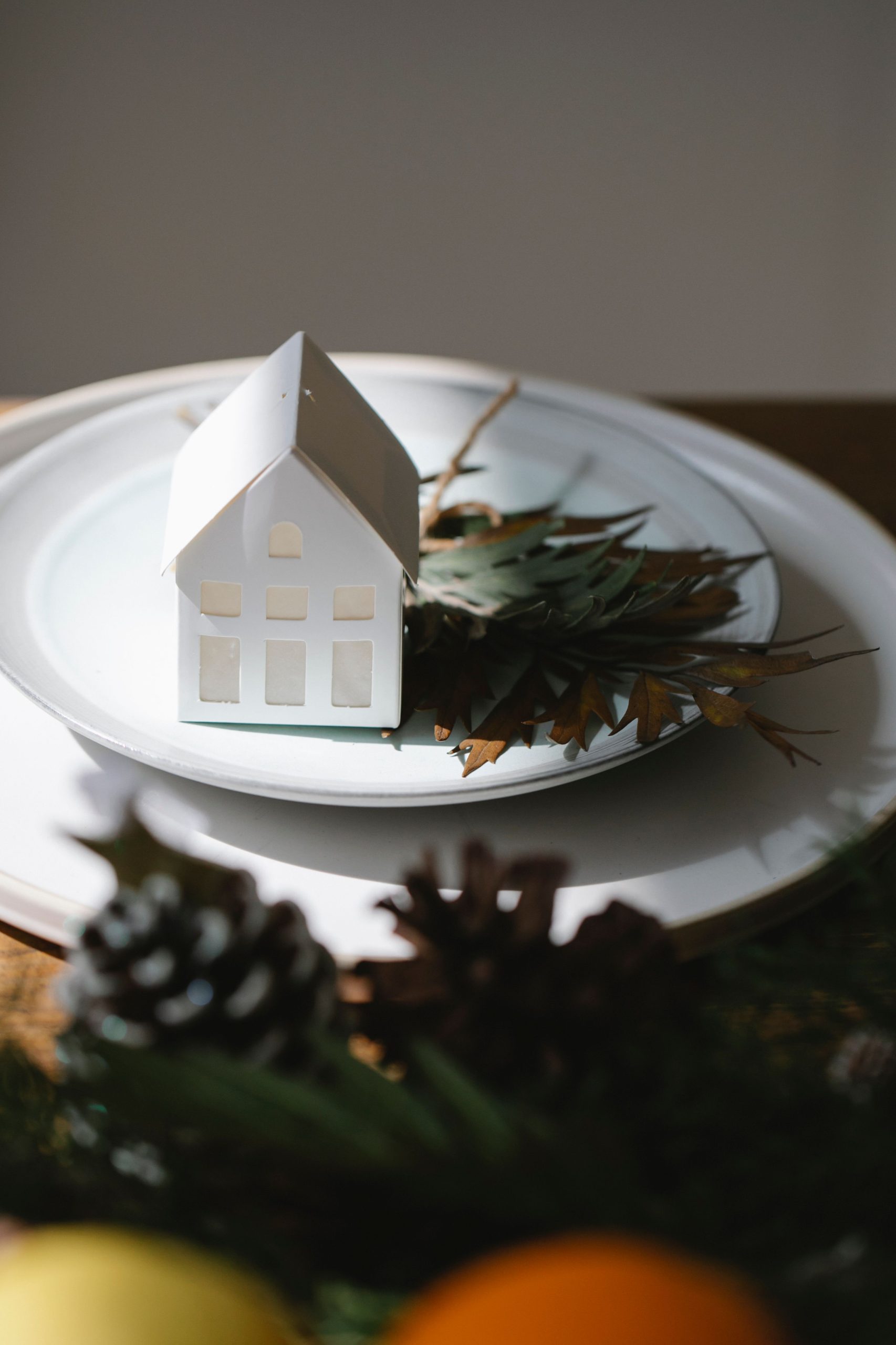 From above of table decorated with pine cones and coniferous branches placed in front of white plates with paper house and tree leaves