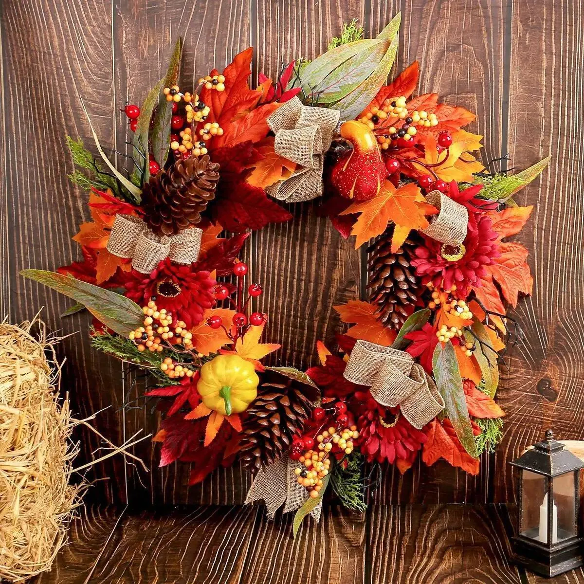 Front Door Outdoor Autumn Wreaths Fall Wreath For Front Door With Pumpkins, Florals, Pinecones, Maple Leaves
