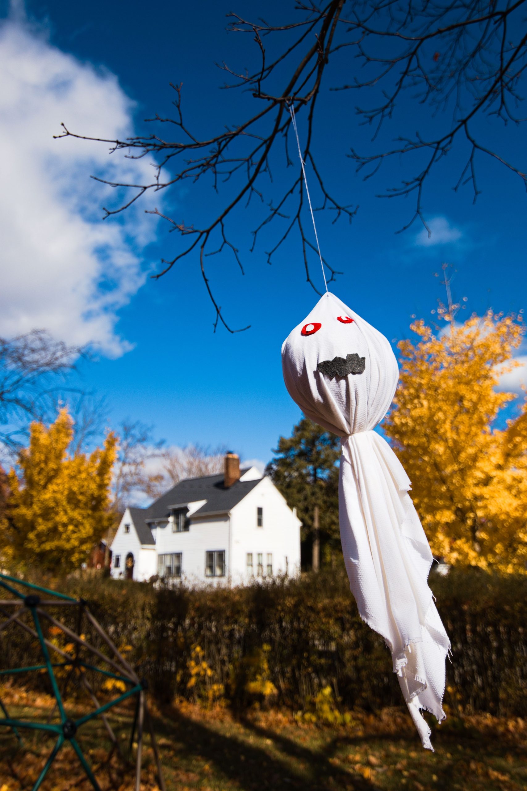 Ghost decoration hanging in a vibrant autumn yard in front of a suburban house.