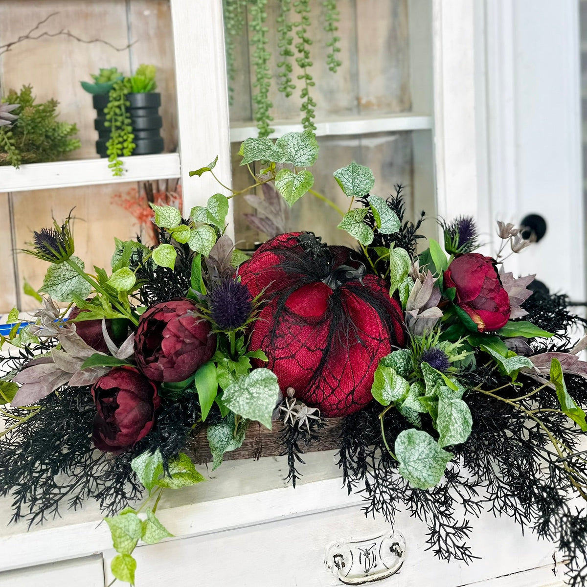 Halloween Flower Centerpiece Table CHENMEI Halloween Artificial Flowers Decorations Black Roses Pumpkins With Vase Arrangements Halloween Table Centerpiece For Kitchen Dining Living Room Home Indoor