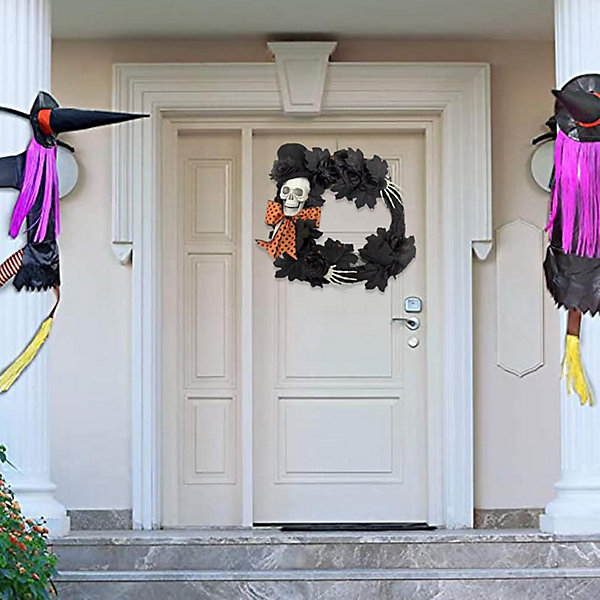 Halloween Skeleton Wreath for Front Door Black Artificial Rose Skeleton Gothic Wreath Spooky Decoration