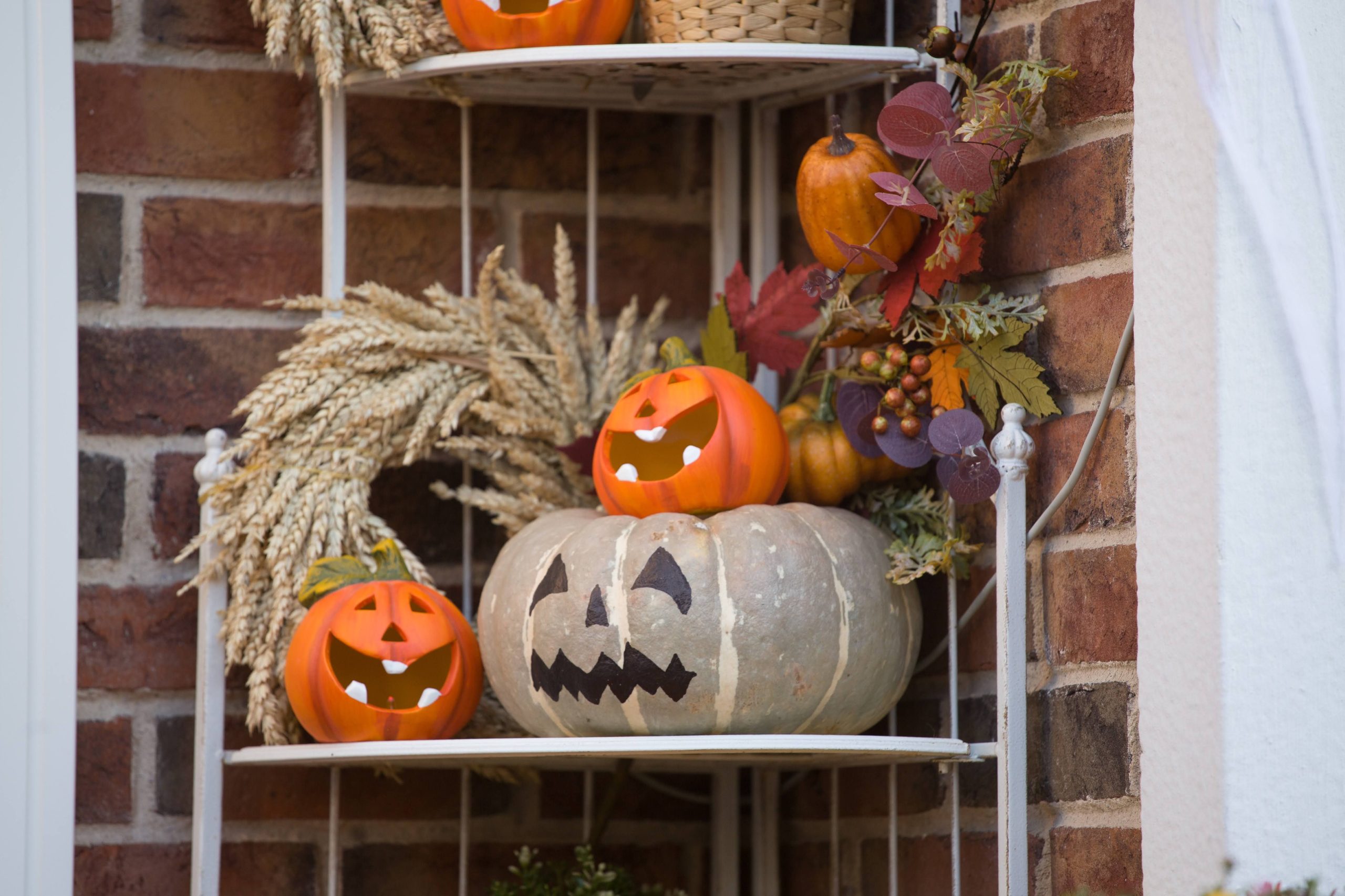 Halloween-themed porch decor featuring carved pumpkins and fall accents.
