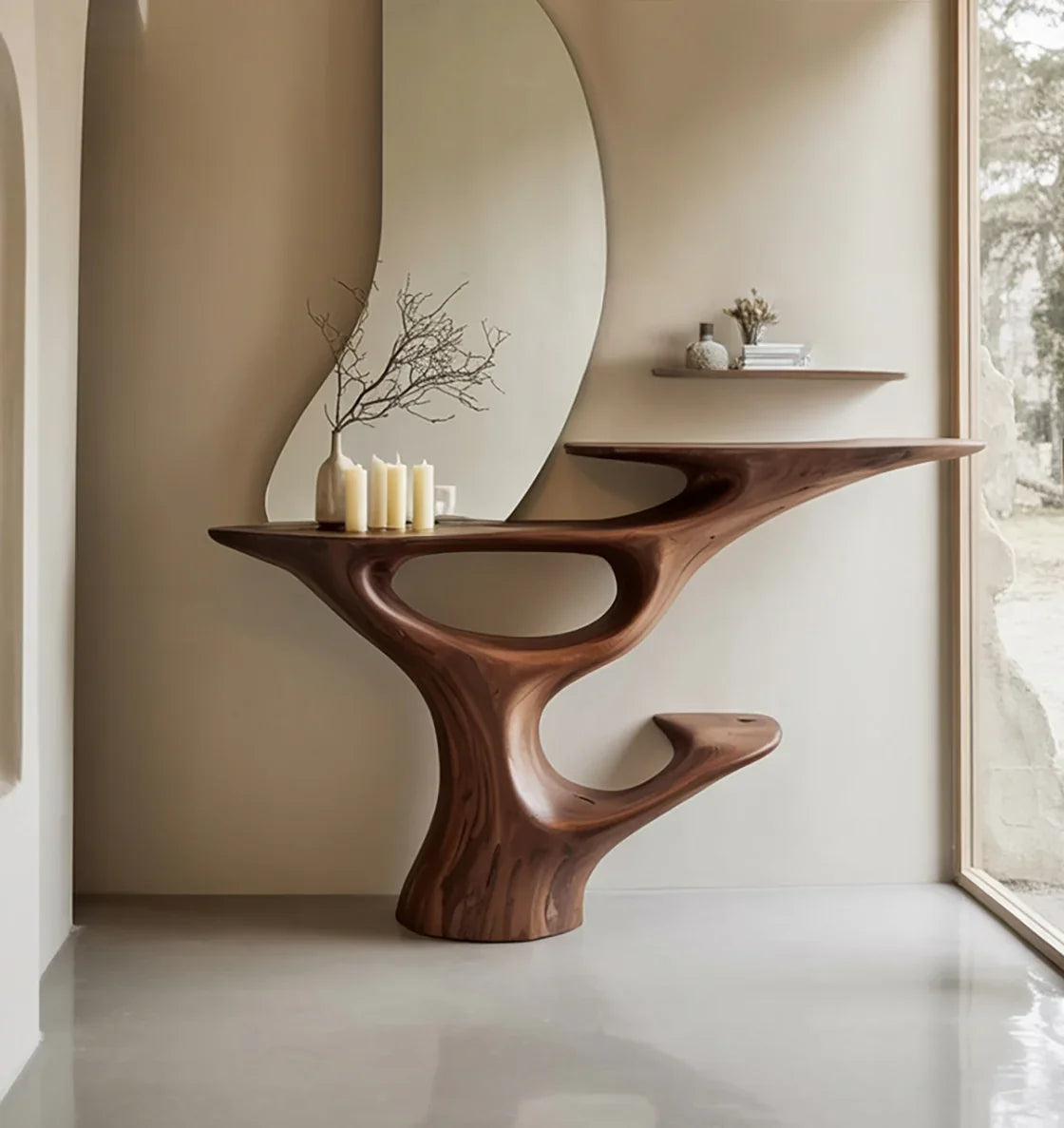 Handcrafted Sculptural Wood Console Table – Contemporary Curved Natural Wood Design