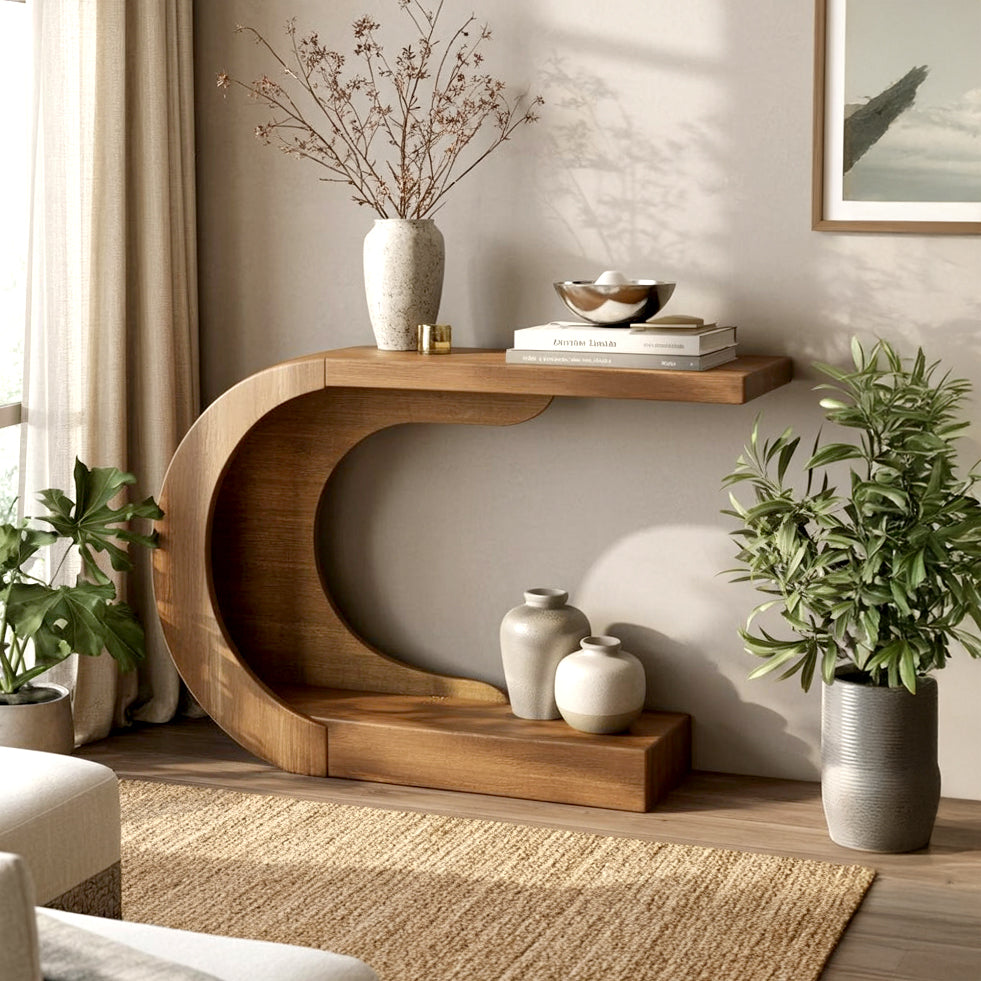 Handcrafted Sculptural Wood Entryway Table - Geometric Arched Design