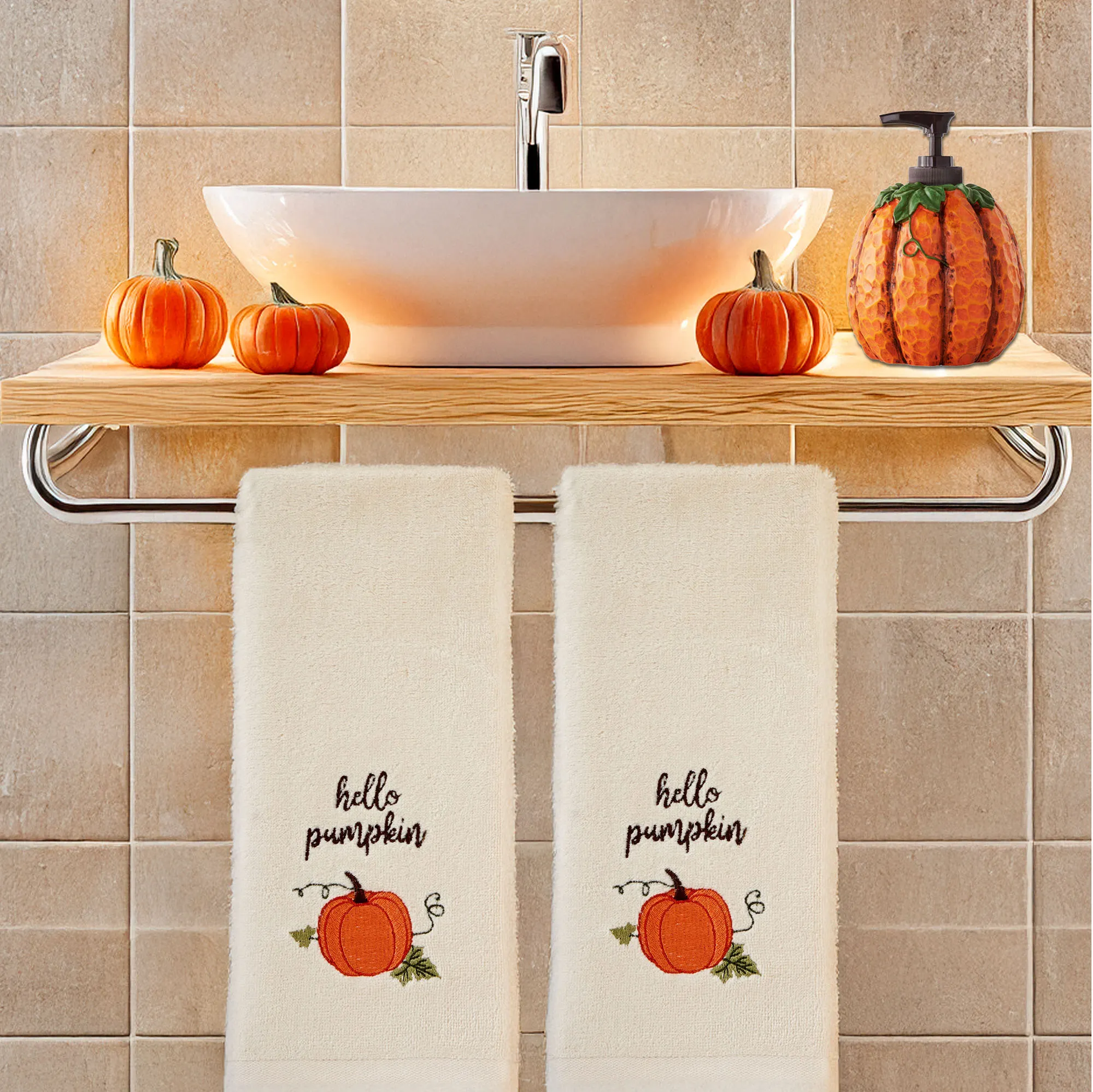 Hello Pumpkin Autumn Lotion Soap Dispenser and Fall Bathroom Hand Towels Set