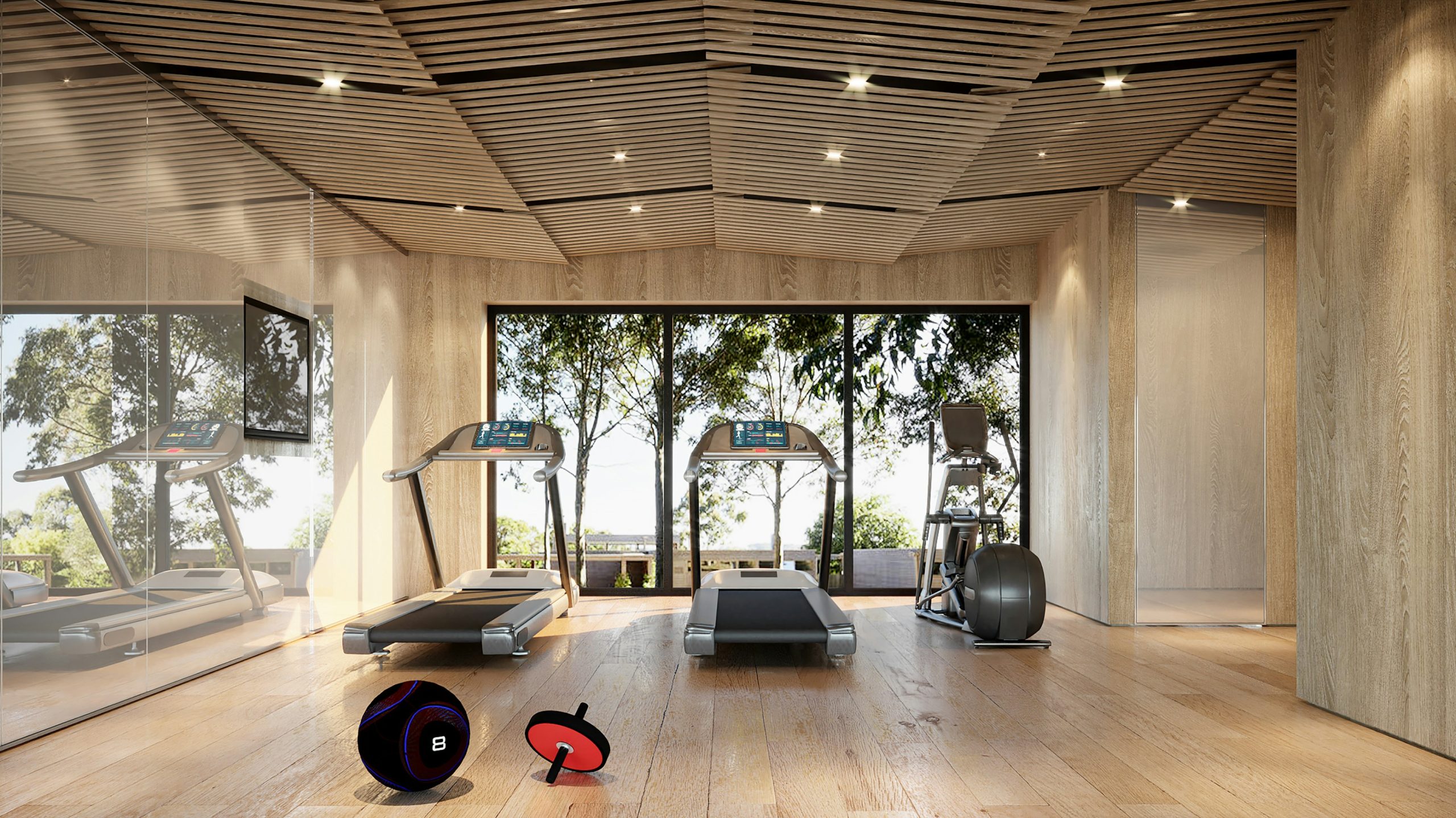 Luxury Home Gym with Wood Architectural Details and Nature Views An exclusive, high-end home gym or private residential fitness center showcasing sophisticated design. The room features extensive use