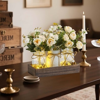 Mason Jar Candle Centerpiece Pack Mason Jar Centerpiece With LED Lights Wooden Tray, Farmhouse Floral Centerpieces For Dining Table, Coffee Table On Sale Bed Bath Beyond 43047343