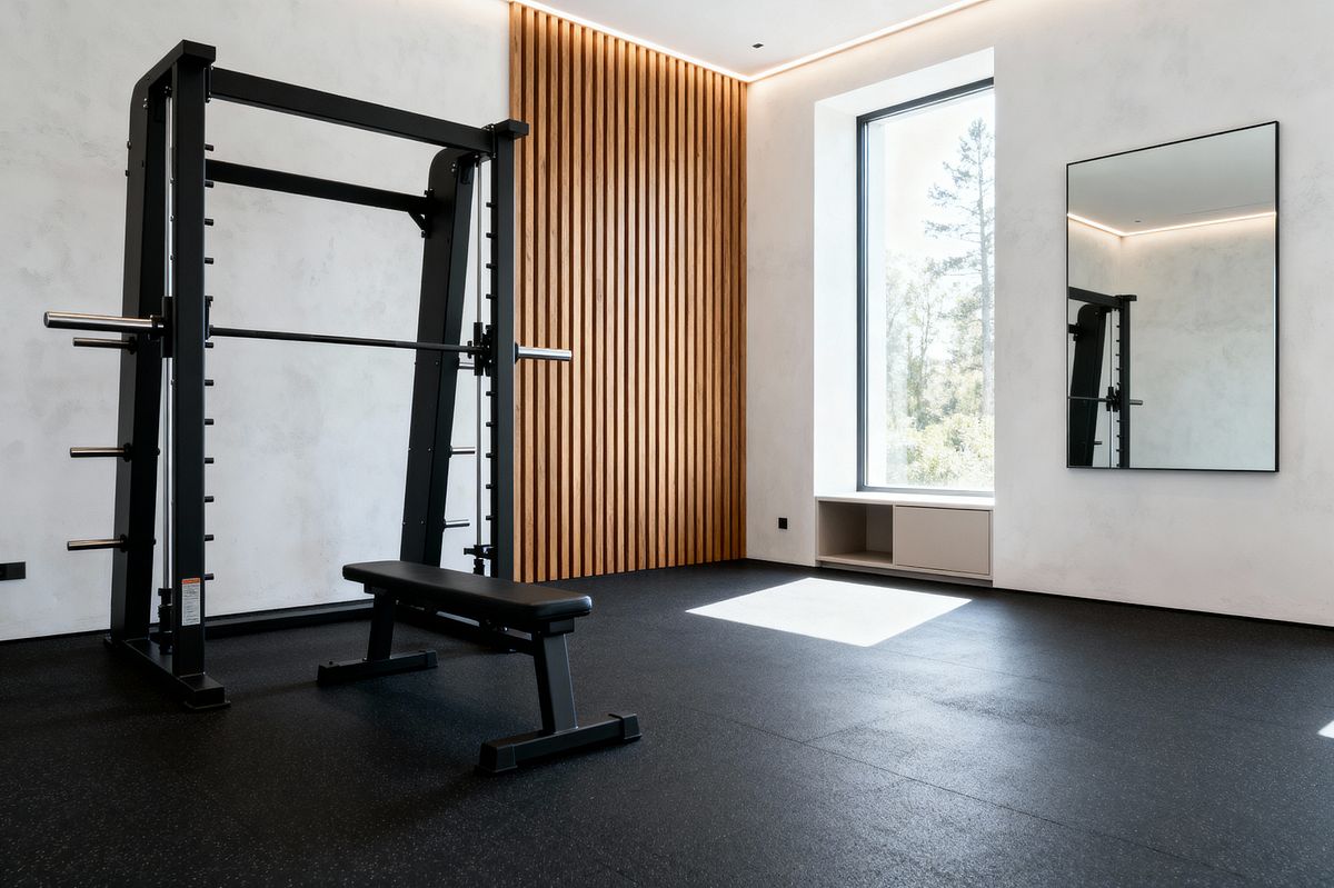 Minimalist Home Gym With Oak Slat Wall Interior Design