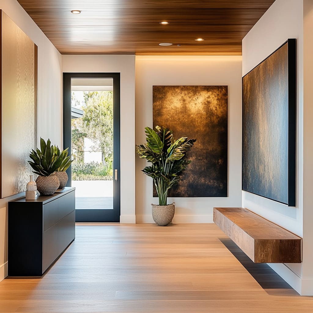 Modern Entry Halls With Warm Wood, Plants, Artful Styling