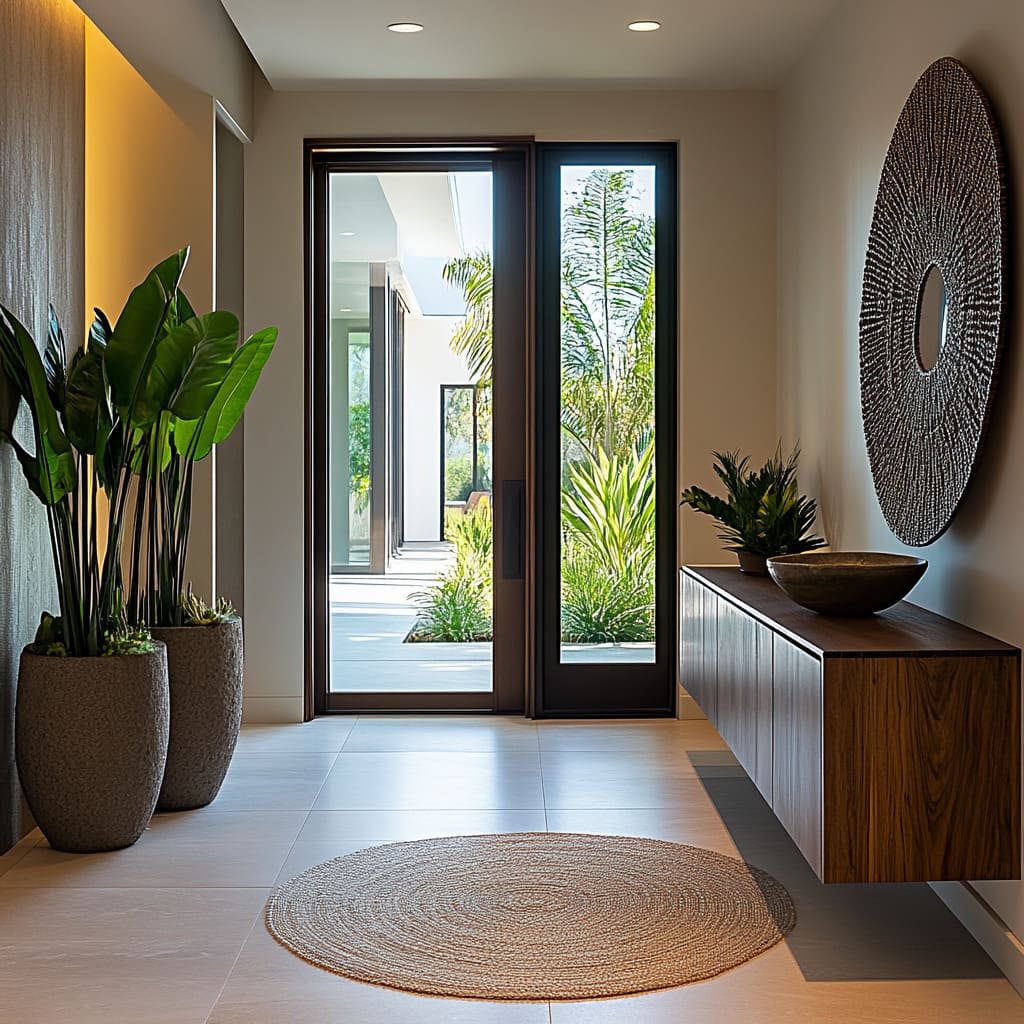 Modern Entry Halls With Warm Wood, Plants, Artful Styling