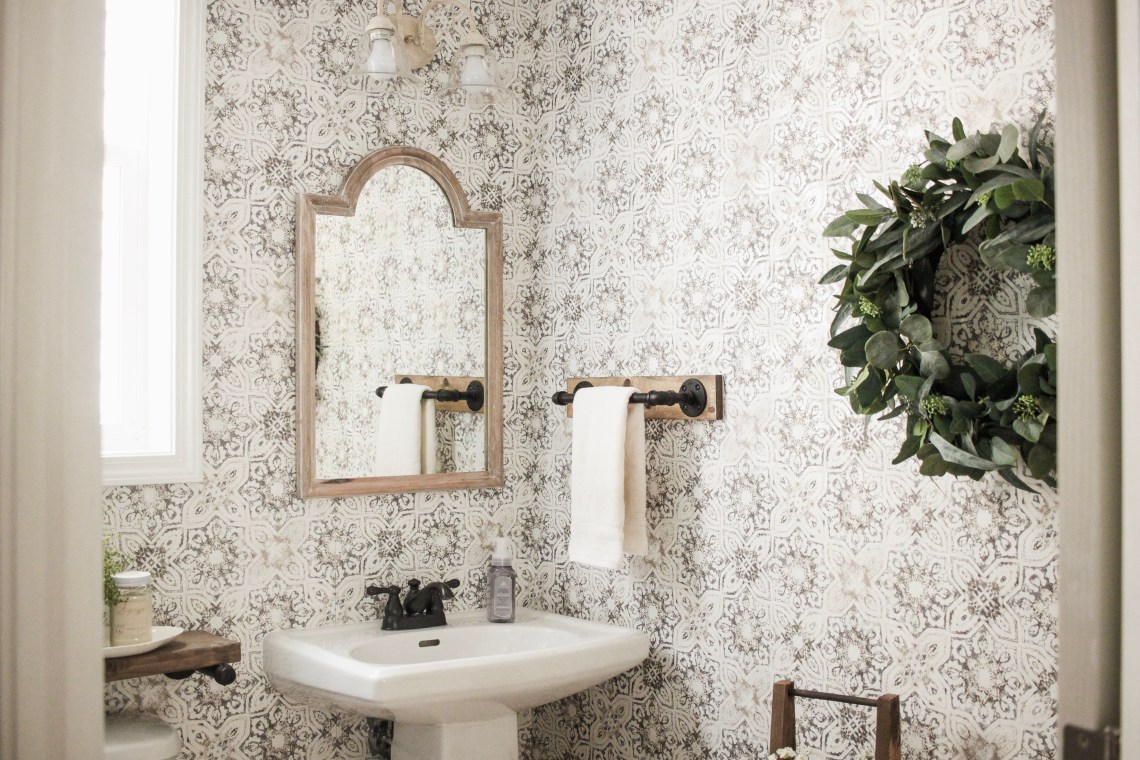 Modern Rustic Farmhouse Bathroom Makeover with Vintage Patina Tile Wallpaper - Rain and Pine