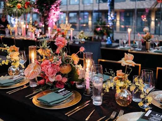Moody Tablescape at Industrial Venue, Colorful Tropical Flowers and Candles