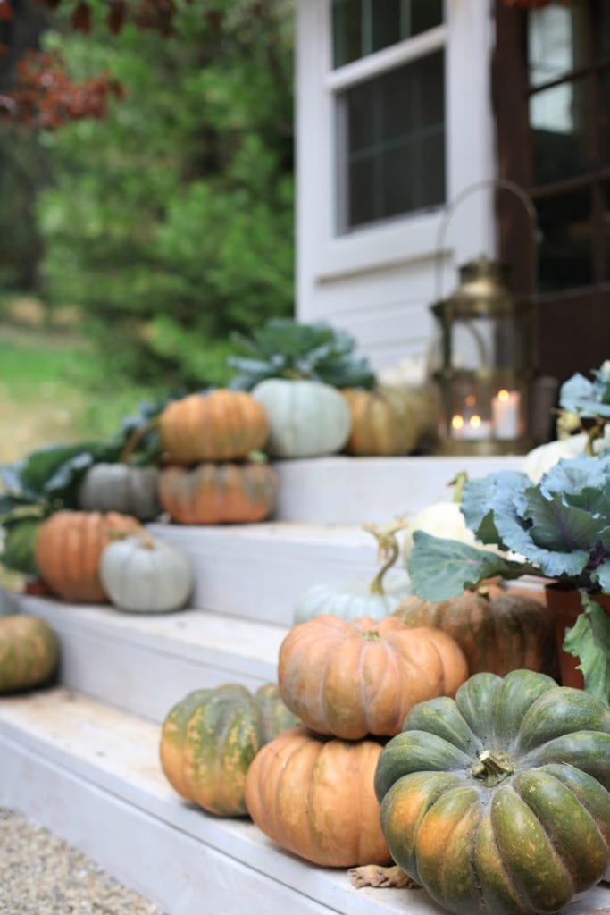 Natural decorating- pumpkins, leaves & lanterns porch - French Country Cottage
