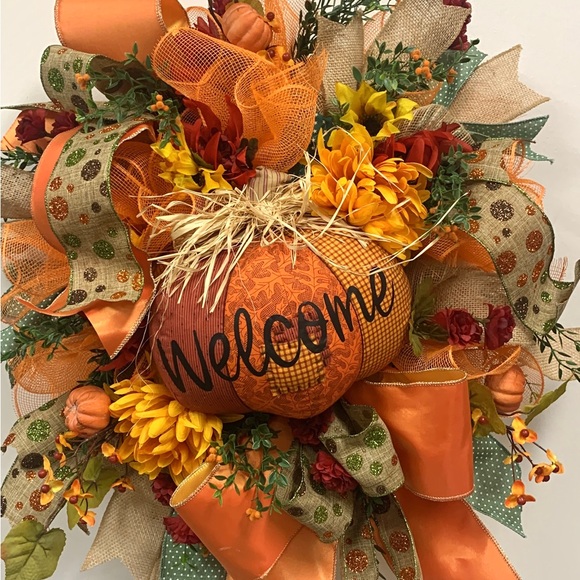 Pumpkin, fall wreath, handmade decor, front door decor