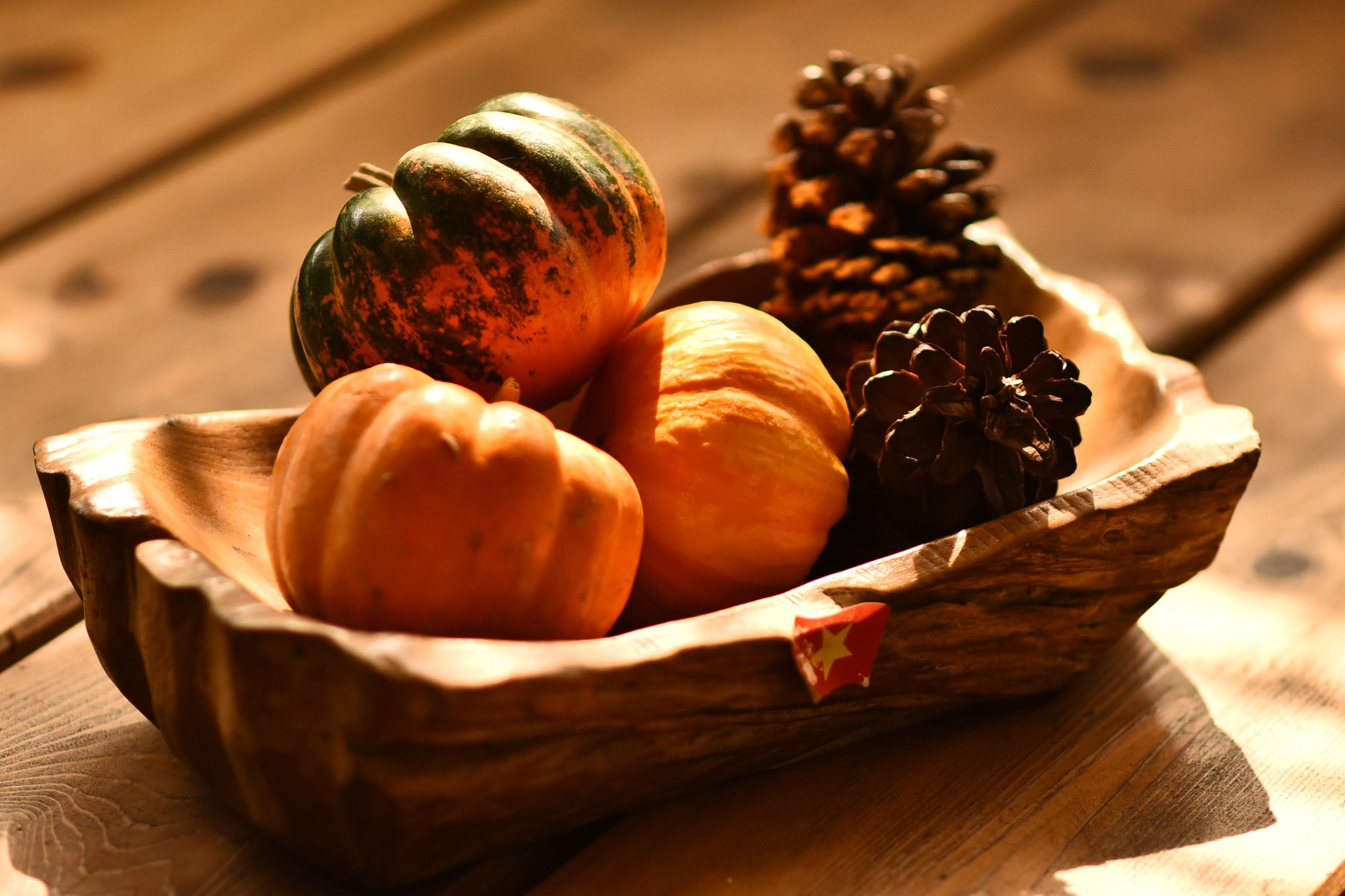 Rustic wooden bowl filled with gourds and pine cones, capturing the essence of autumn indoors.