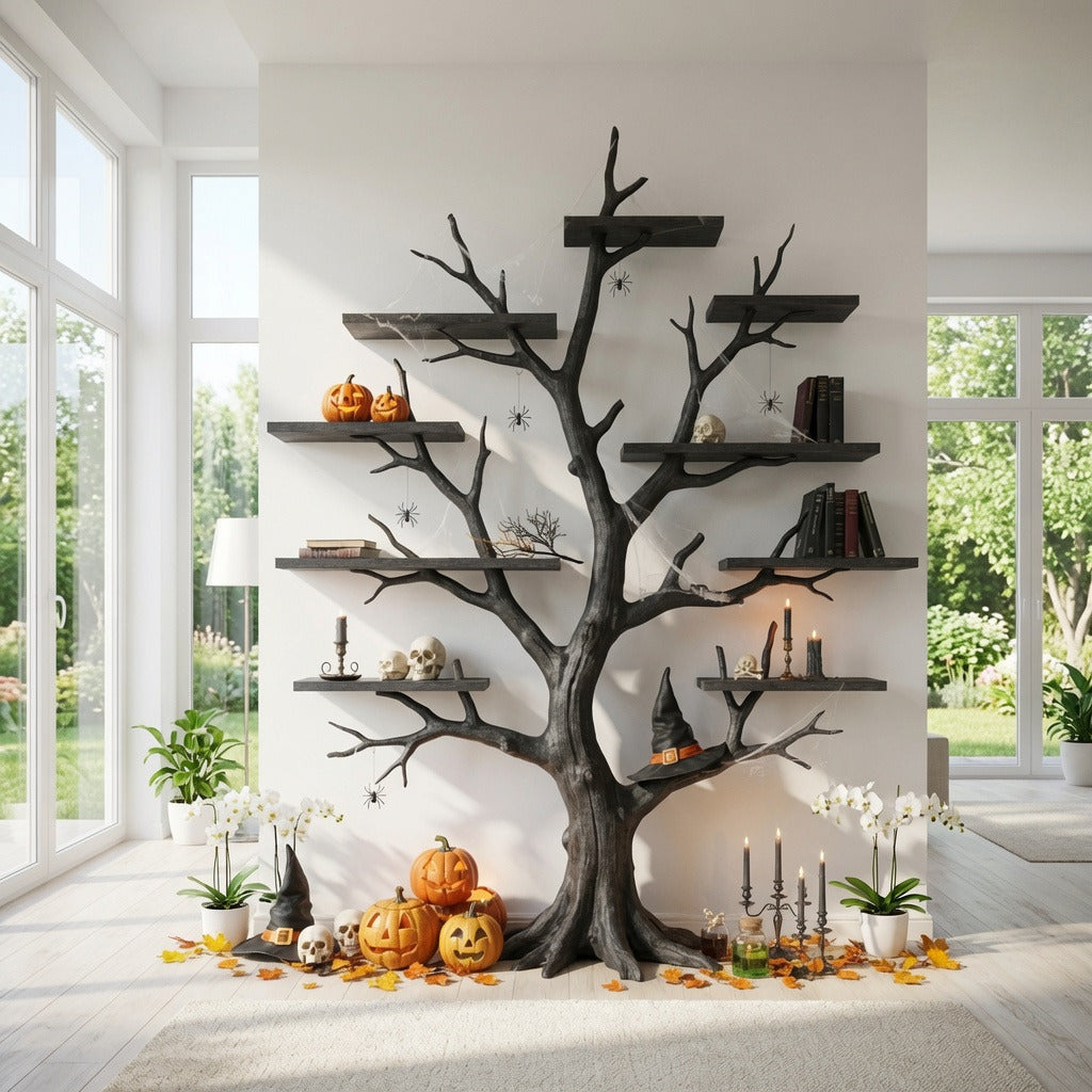 Sculptural Dark Tree Branch Solid Wood Halloween Wall Shelf