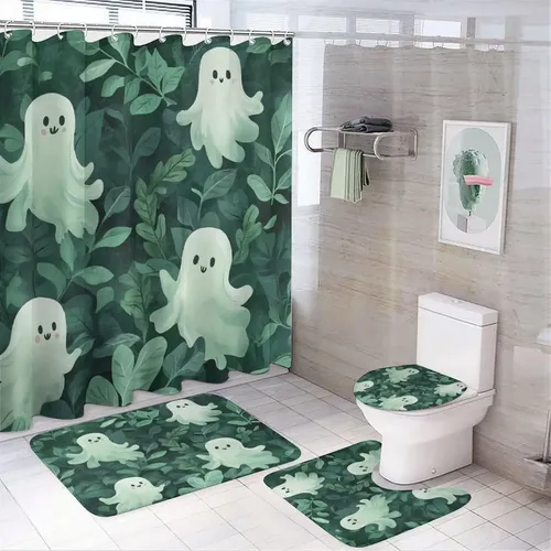 Shower Curtain Set Ghost /3 /4pcs Shower Curtain Set Of 4, Pink Ghost Halloween Gothic Bathroom