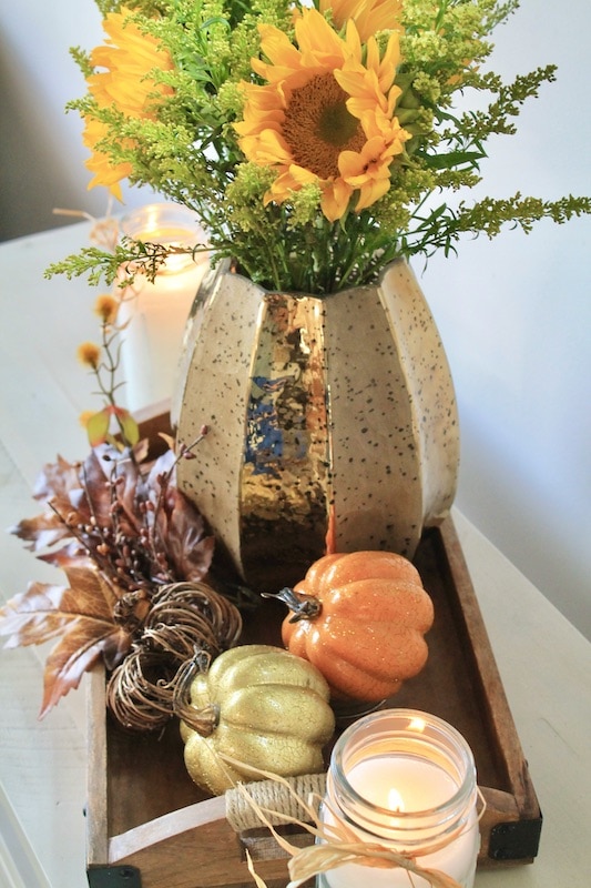 Simple Fall Kitchen Table Decor with Sunflowers and Pumpkins