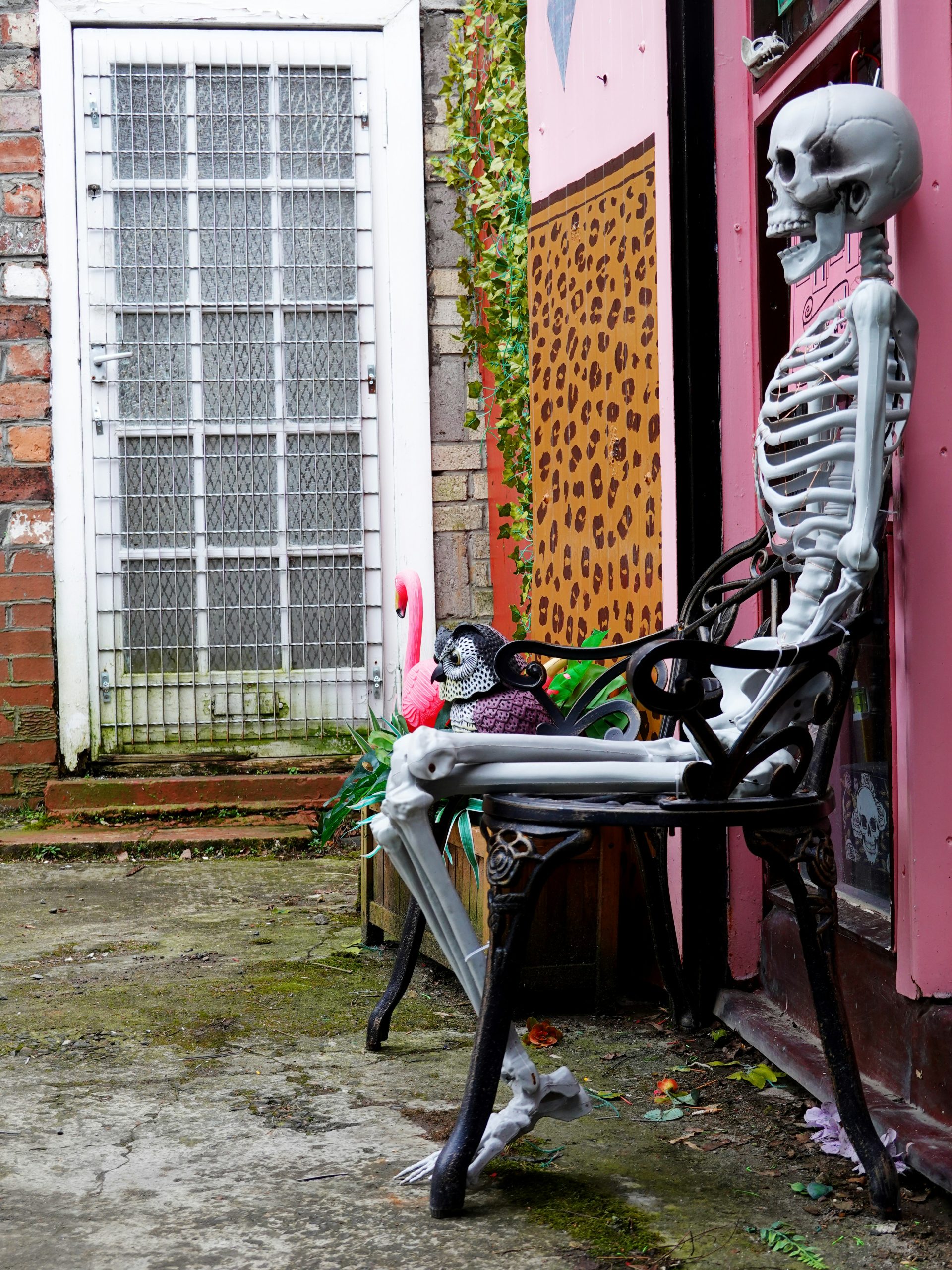 Skeleton sitting on a bench outside a building