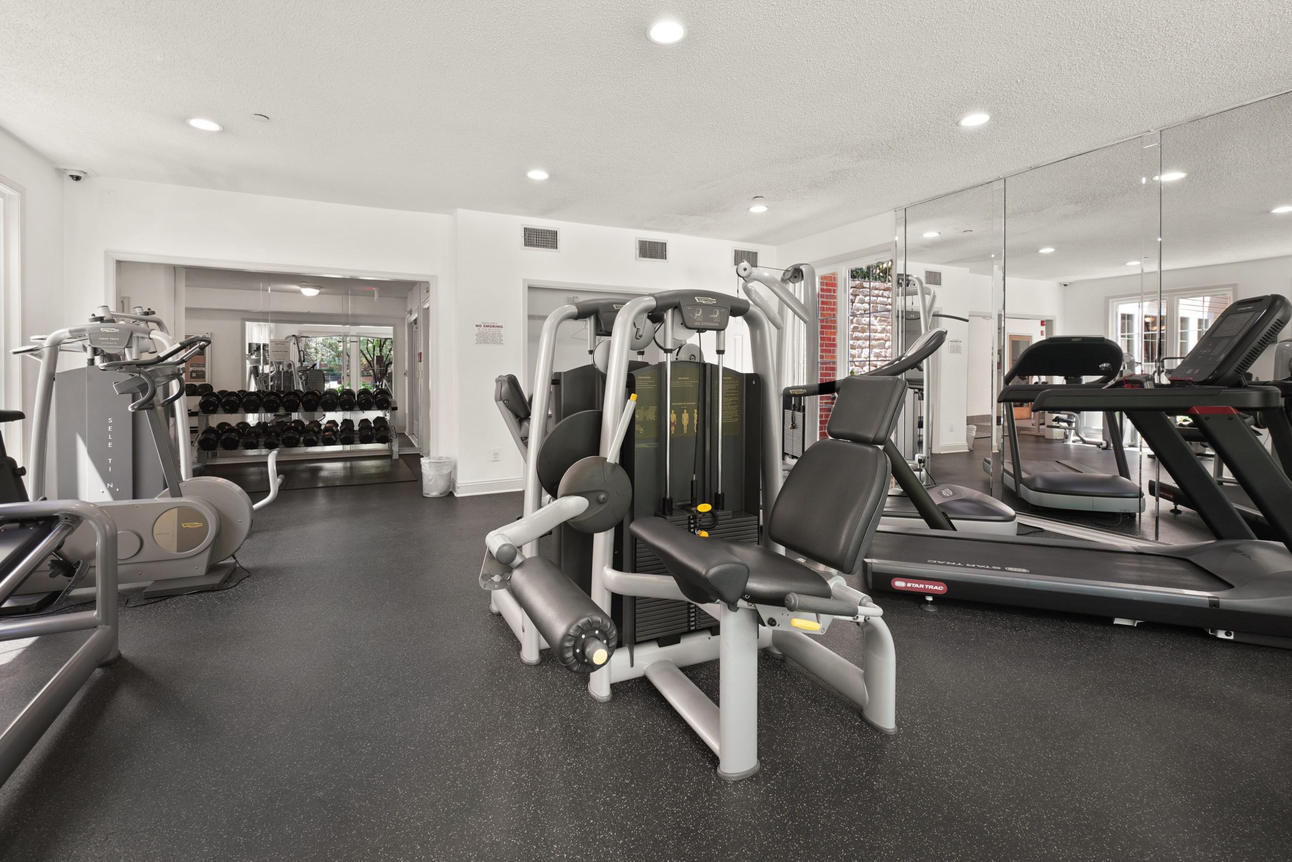 Spacious gym interior featuring various fitness equipment and natural lighting.