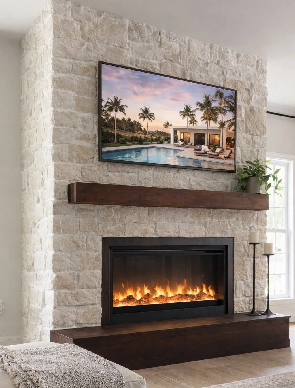 Stone Fireplace Media Wall | F2-005 | TV Media Wall