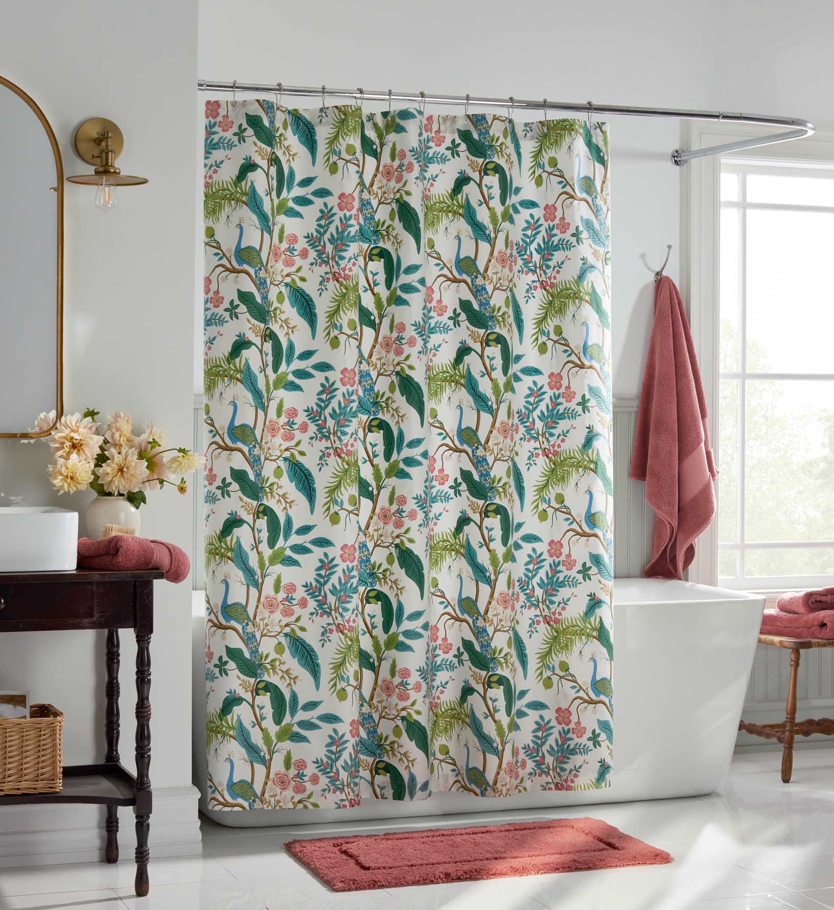 The Company Store Sateen Shower Curtain Peacock White by Rifle Paper Co