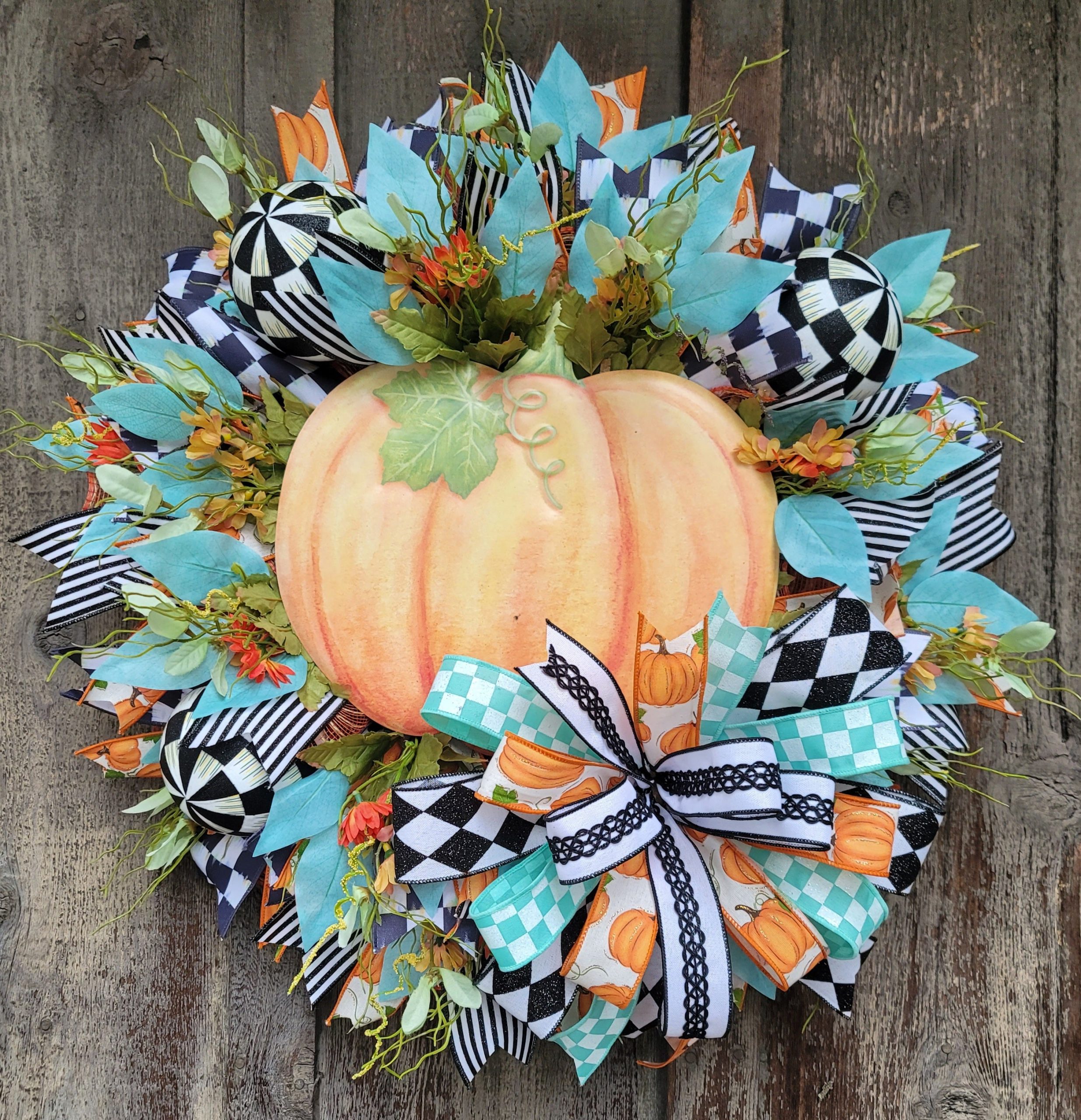 Turquoise Pumpkin Fall Wreath – Farmhouse Autumn Door Wreath with Check Ribbon