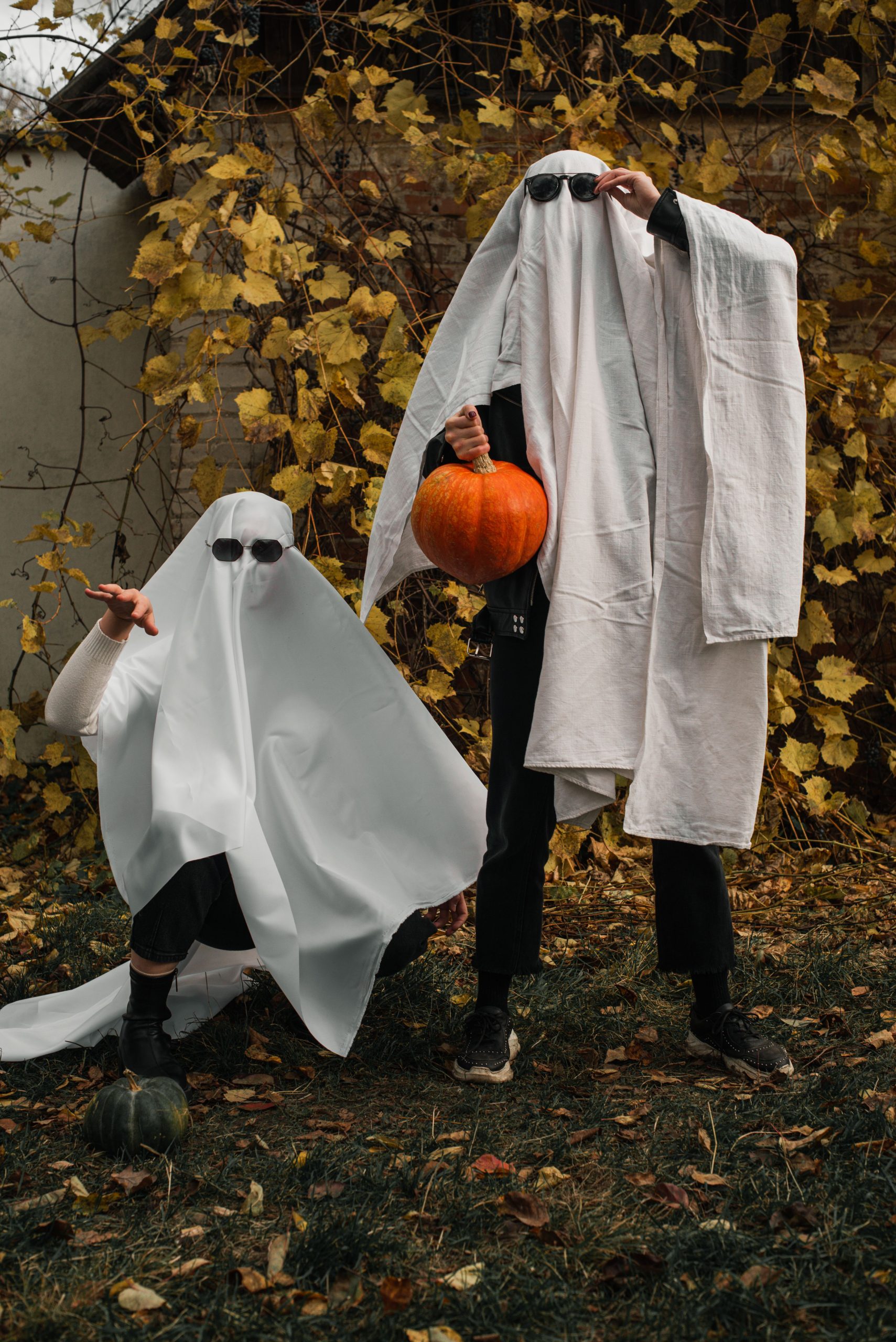Two people dressed as humorous ghosts in autumn foliage, celebrating Halloween.