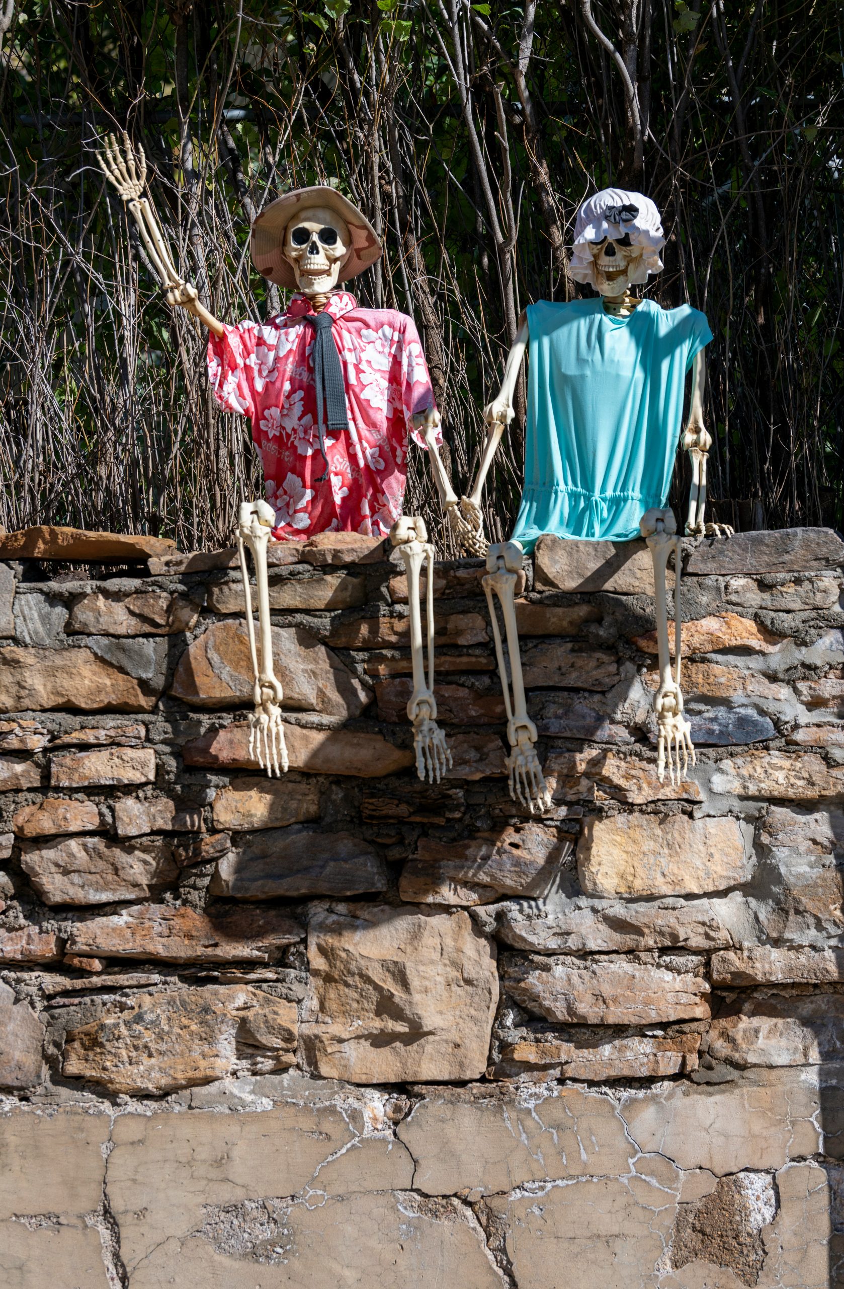 Two skeletons dressed in clothes sitting on a wall