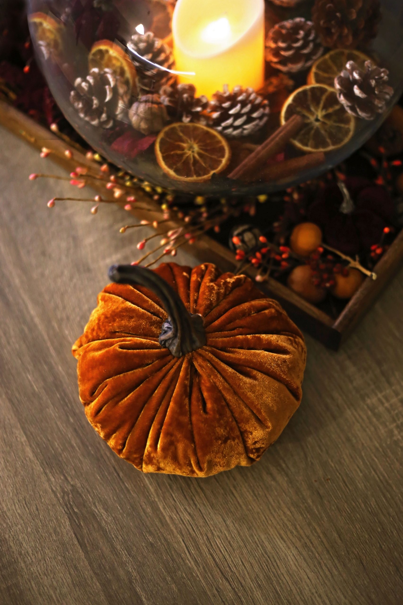 Warm autumn setup featuring a velvet pumpkin and lighted candle with dried fruits and pine cones on a wooden surface.