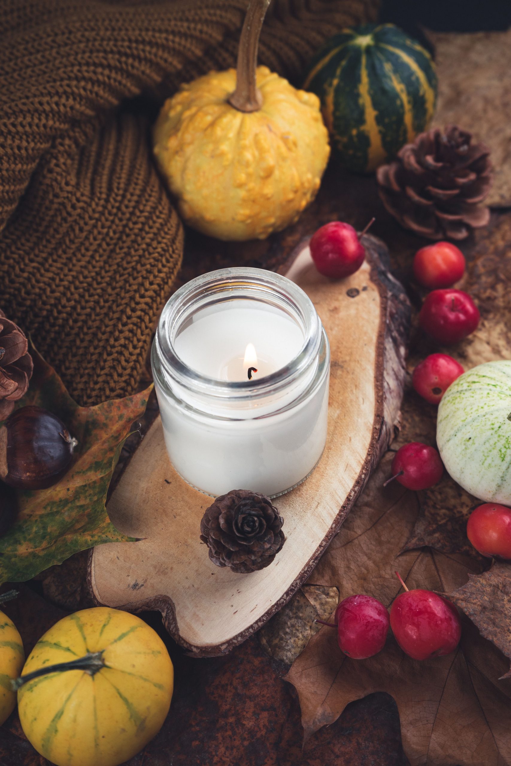 Warm autumn still life featuring a candle surrounded by gourds, leaves, and pinecones.
