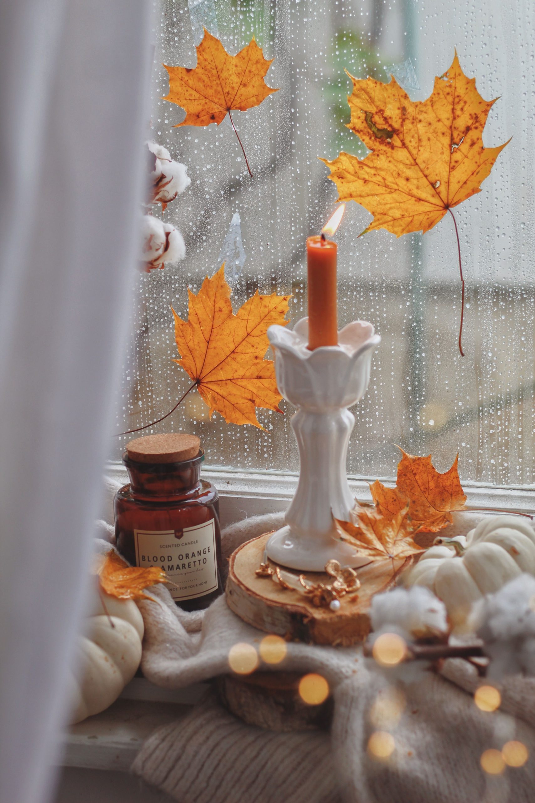 Warm autumn window scene with candle, maple leaves, and rain outside.