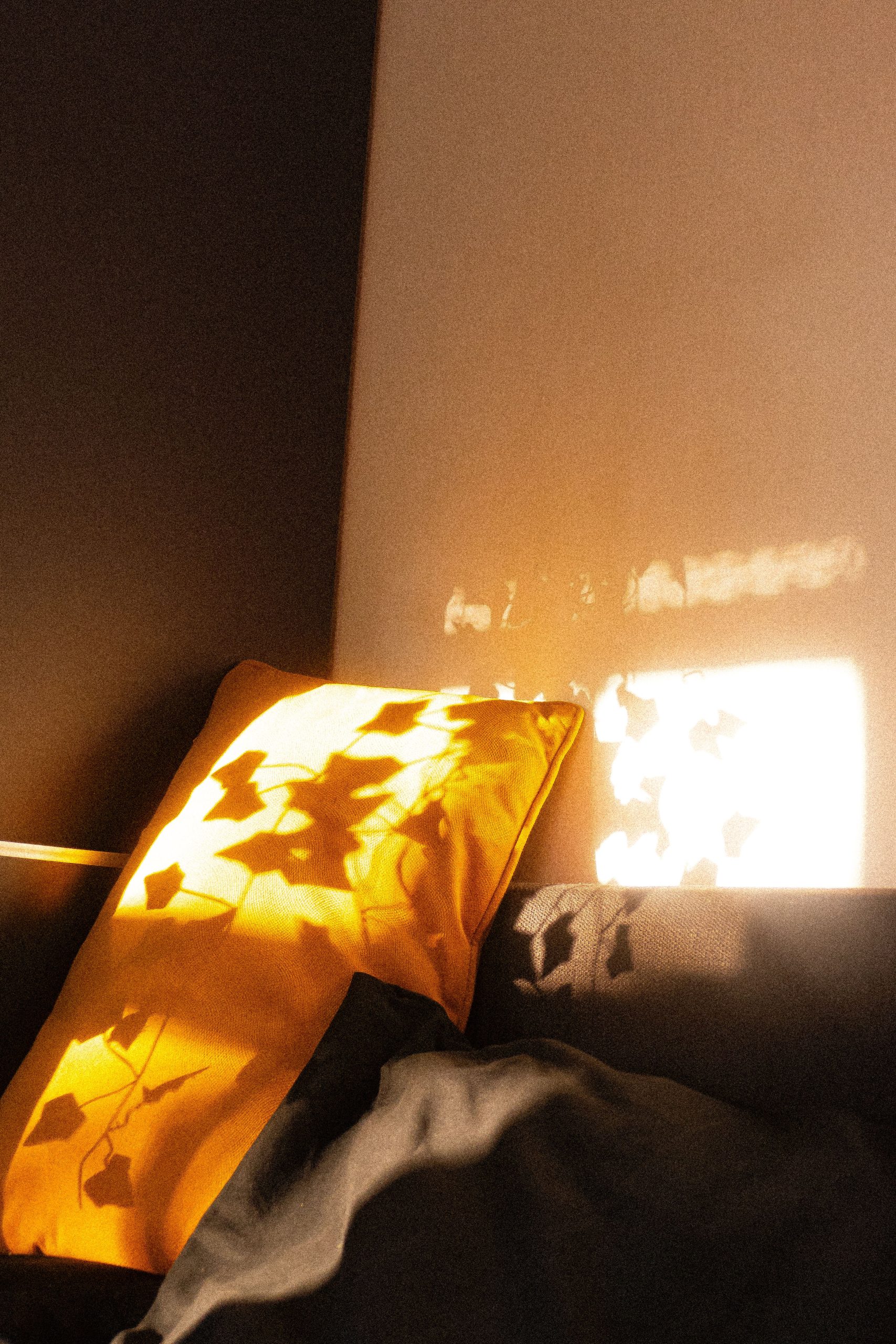 Warm shadows cast on a cozy bedroom with a vibrant yellow cushion, creating a calm ambiance.