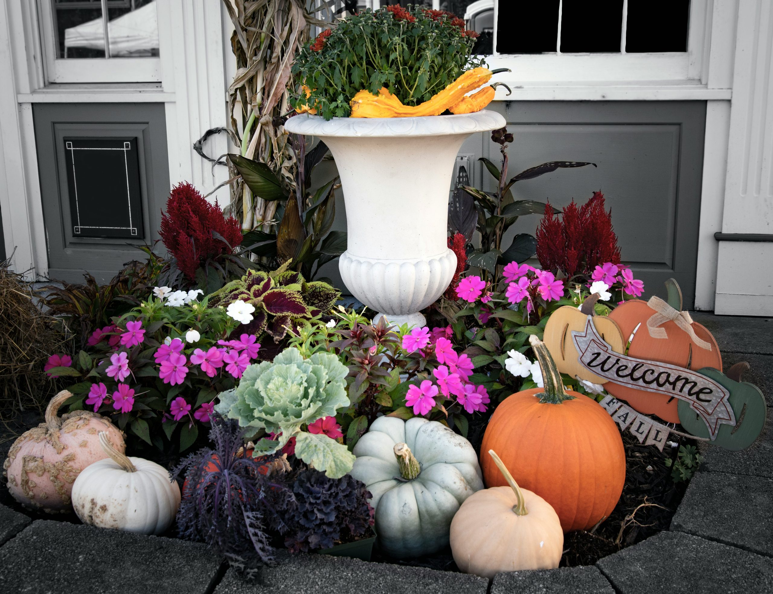 'Welcome Fall' gourds and flowers set up just in time for a Vermont Fall Festival
