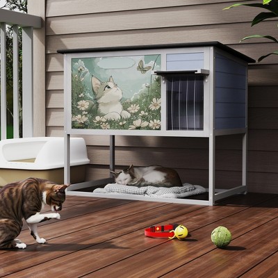 Wooden Cat Enclosure Weatherproof Outdoor Cat House Condo with Doors