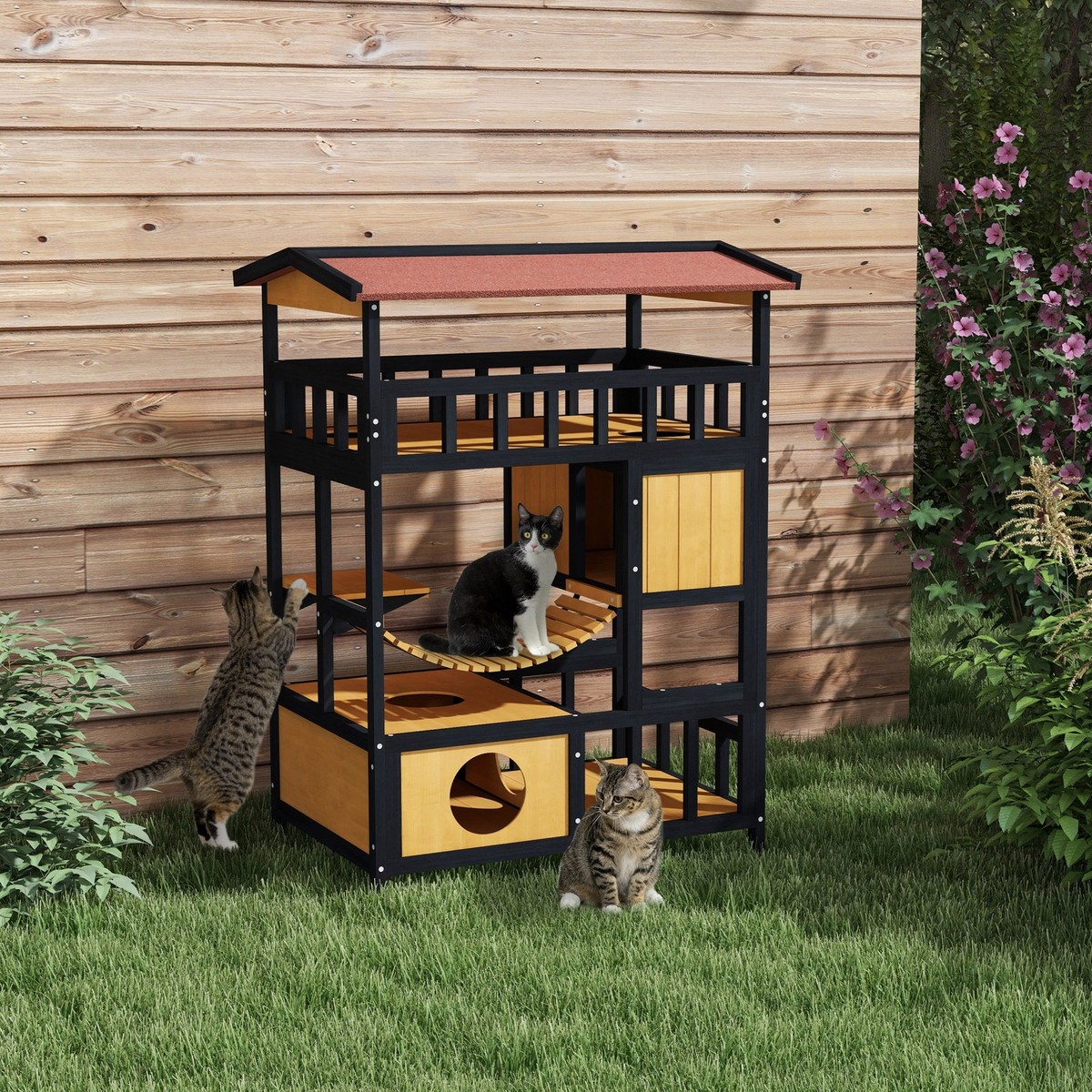 Wooden Cat Shelters Pawbuilt Outdoor Indoor Wooden Cat House, Weatherproof Two-Story Cat Shelter, Enclosed Multi-