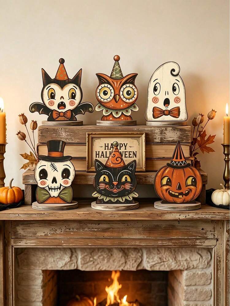 1/3/6pcs Vintage Halloween Decor For Indoor, Cute Ghost Pumpkin Black Cat Skeleton Witch Owl Wooden Block Shelf Ornament, Room Decor, Bedroom Decor, Back To School Supplies, Housewarming Gift, Holid